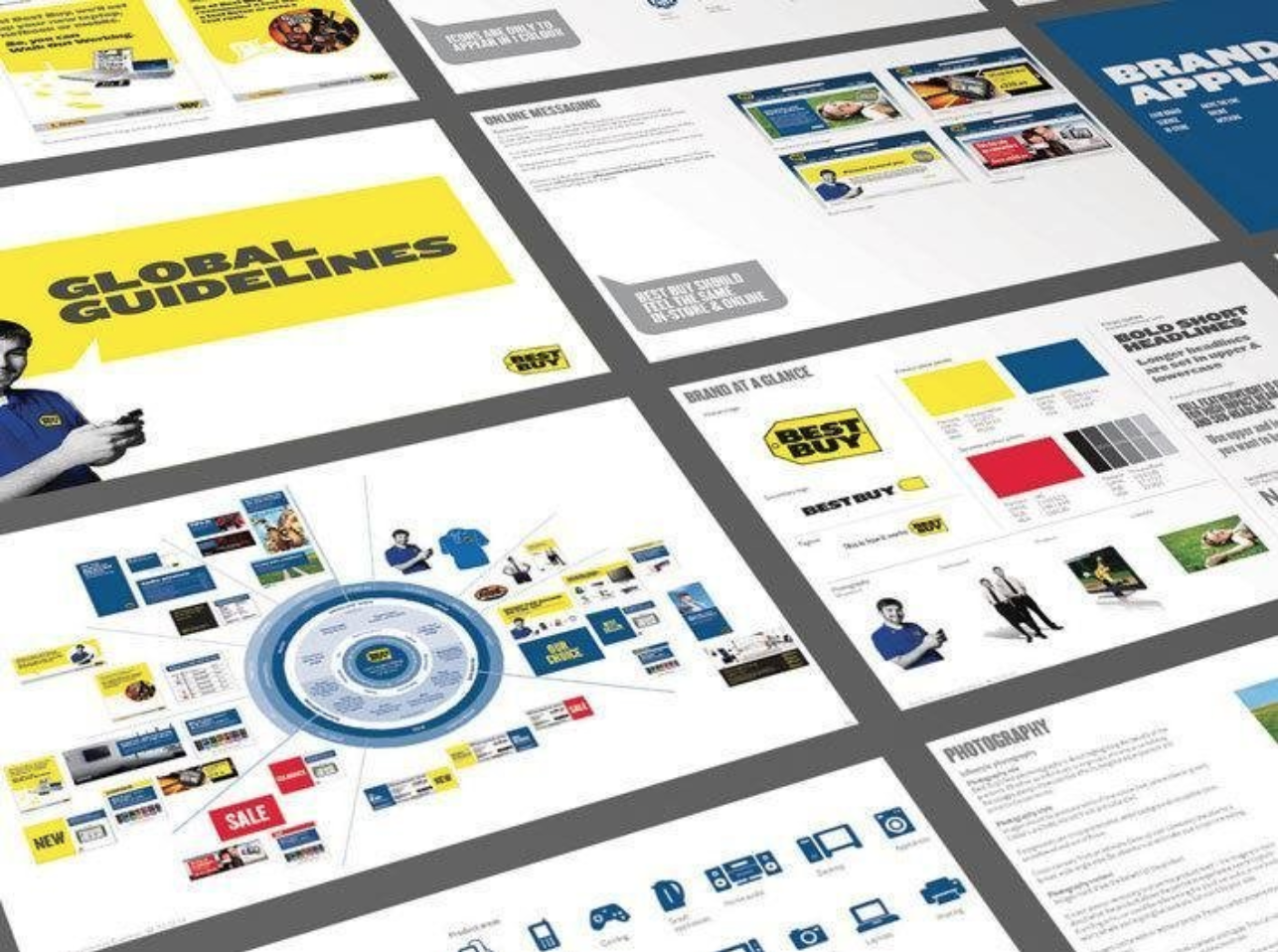 Collection of printed retail store marketing materials, including advertising flyers and posters featuring Best Buy branding and product advertisements.