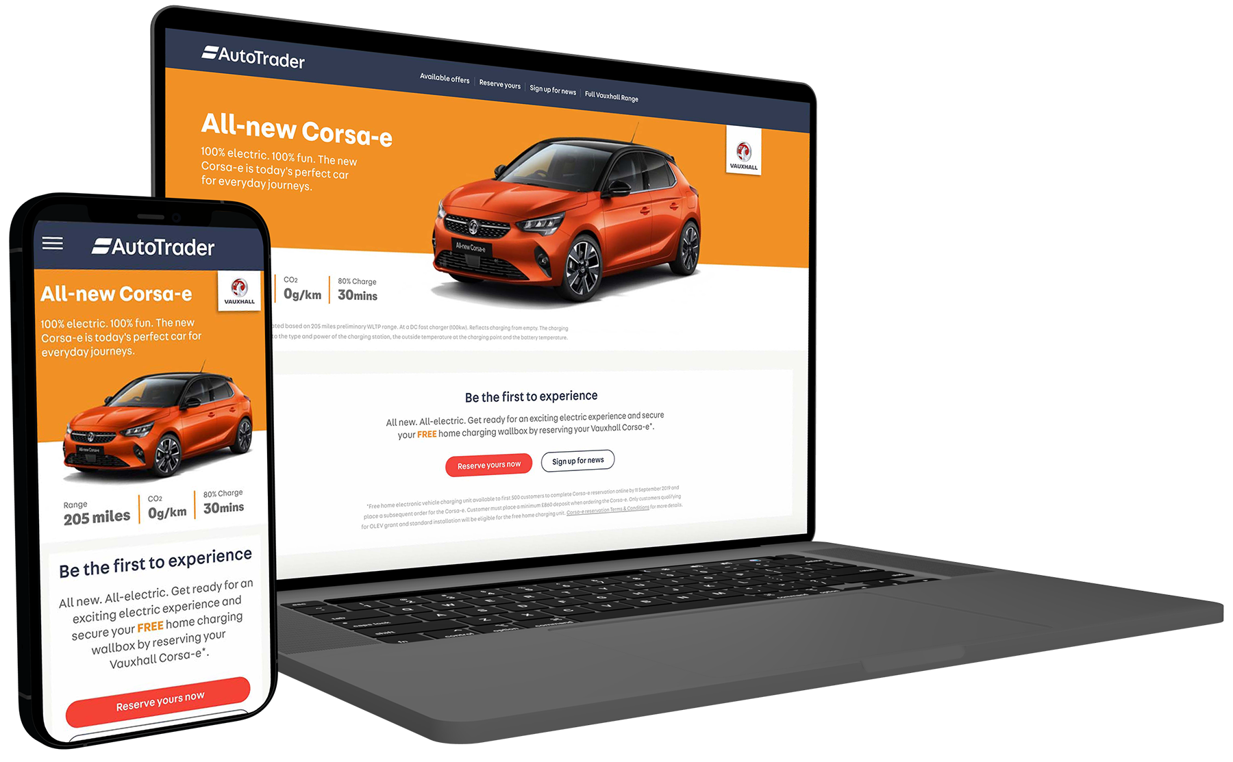 Laptop and smartphone screen displays a Vauxhall webpage advertising the new all-electric Corsa-e car in orange color, with details about range, charge time, and promotional offers.