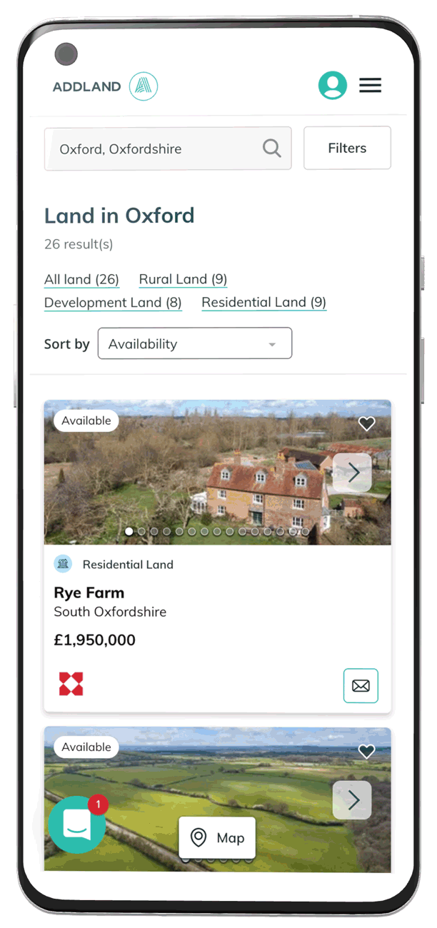 Mobile app screen showing land listings in Oxford, with filters and options to view property details, including a residential property called Rye Farm priced at £1,950,000.