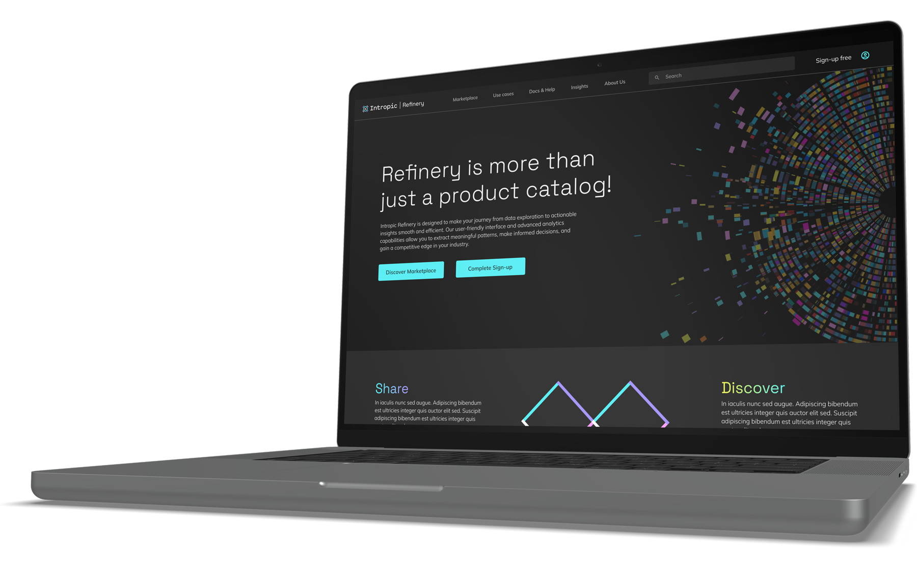 Open laptop displaying a website called Refinery with a dark background, colorful mosaic pattern, and navigation menu at the top