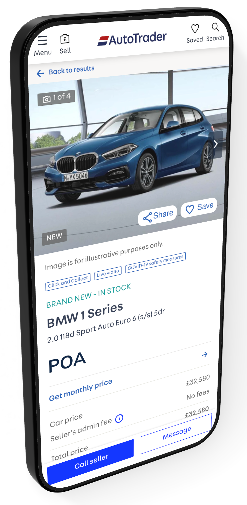 Smartphone displaying a car listing for a blue BMW 1 Series on AutoTrader app. The screen shows options to share or save, with details about the car's price, features, and seller contact buttons.
