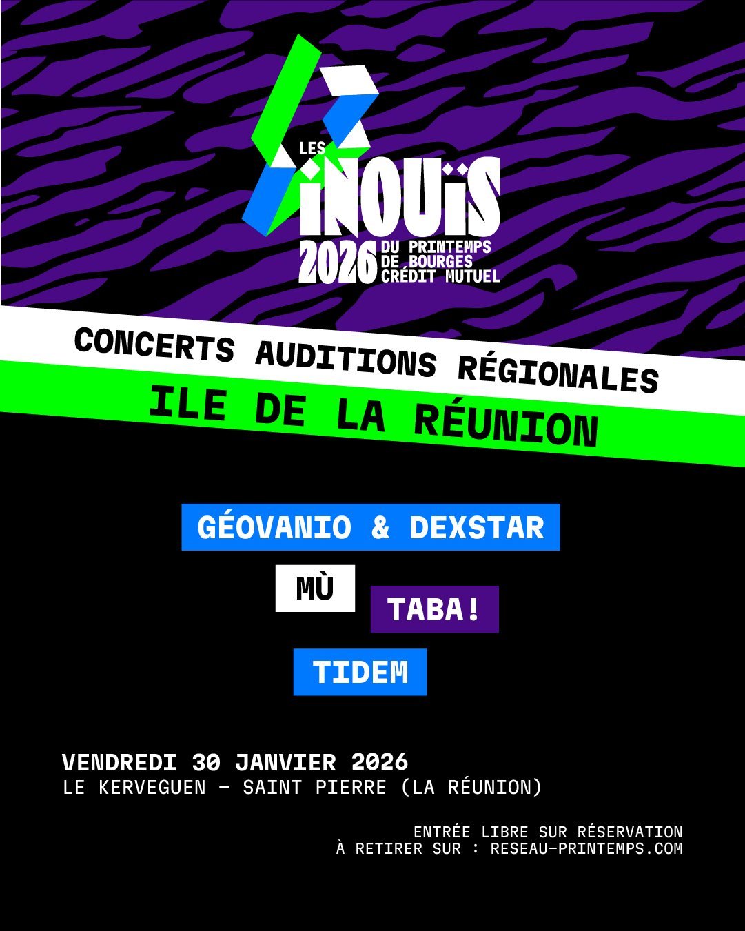 LES INOUÏS DU PRINTEMPS DE BOURGES / CONCERTS AUDITIONS RÉGIONALES / MÙ + TABA + TIDEM + GEOVANIO &amp; DEXSTAR (GRATUIT SUR INSCRIPTION)