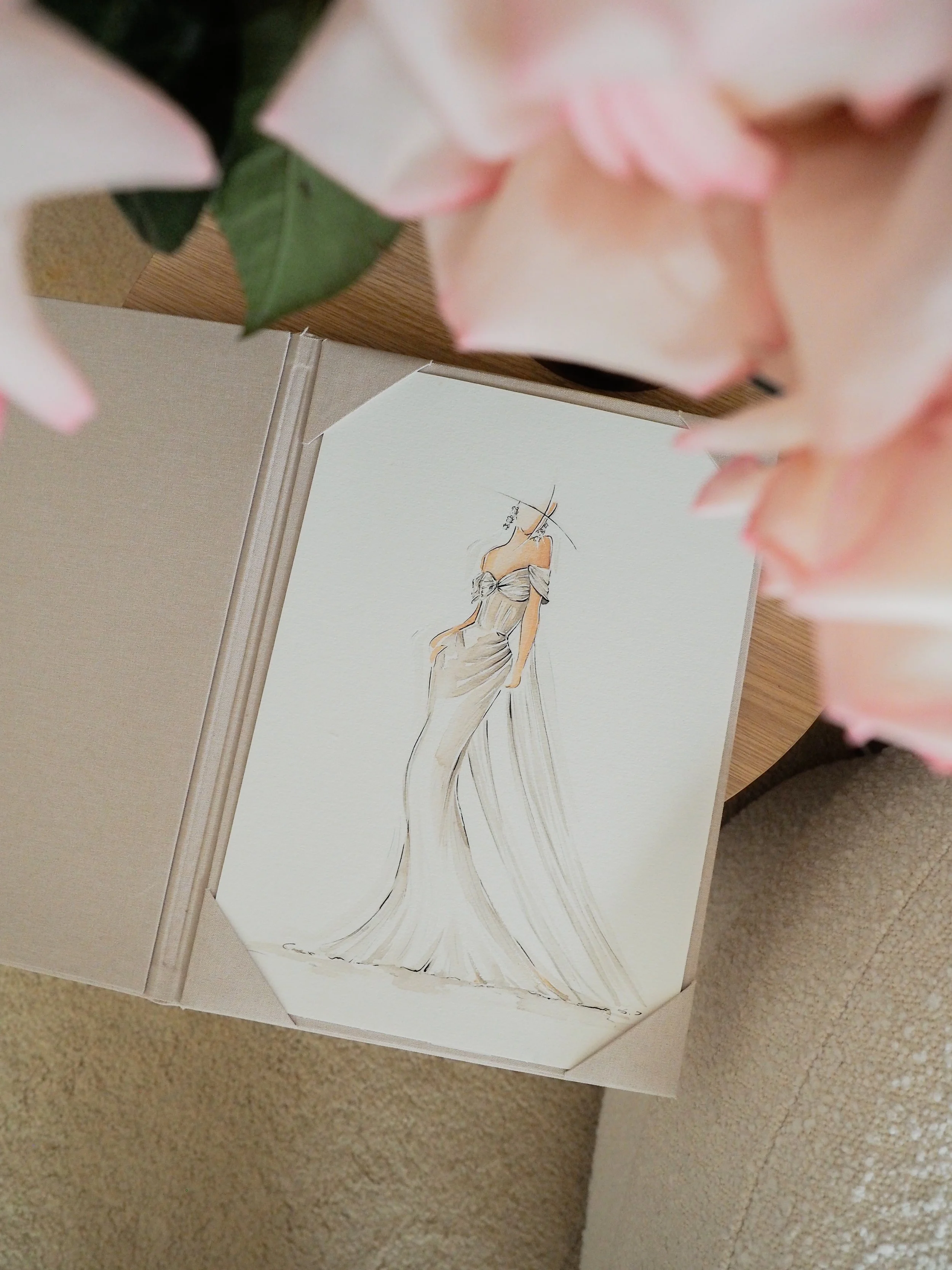 custom hand painted wedding dress illustration by bridal artist adrienne monteverde, unique personalised keepsake for the bride on wedding day, custom gift, couture wedding dress design. maid of honor gifts