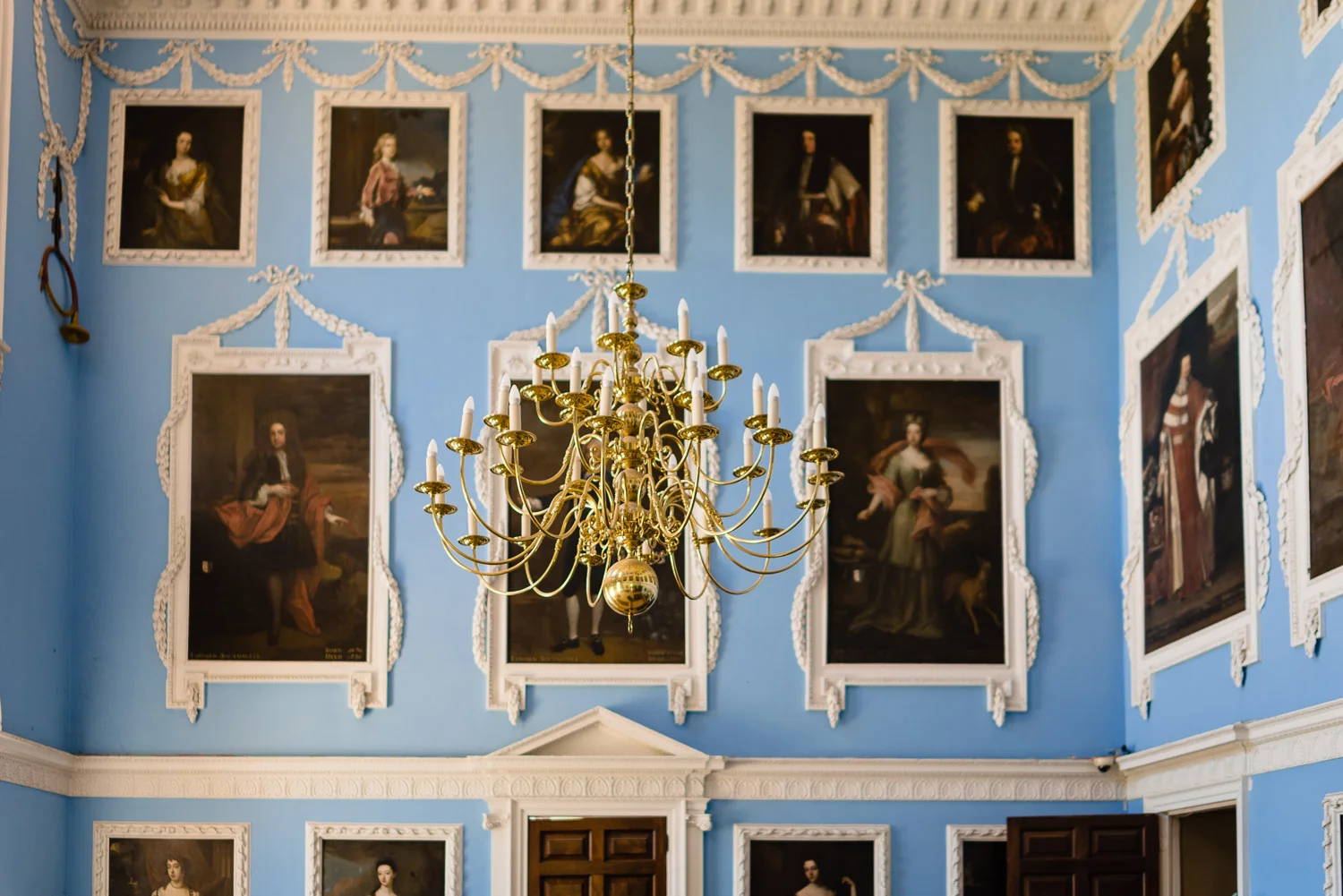 Chandelier hanging from the ceiling in the Portrait Gallery of Kings Weston House