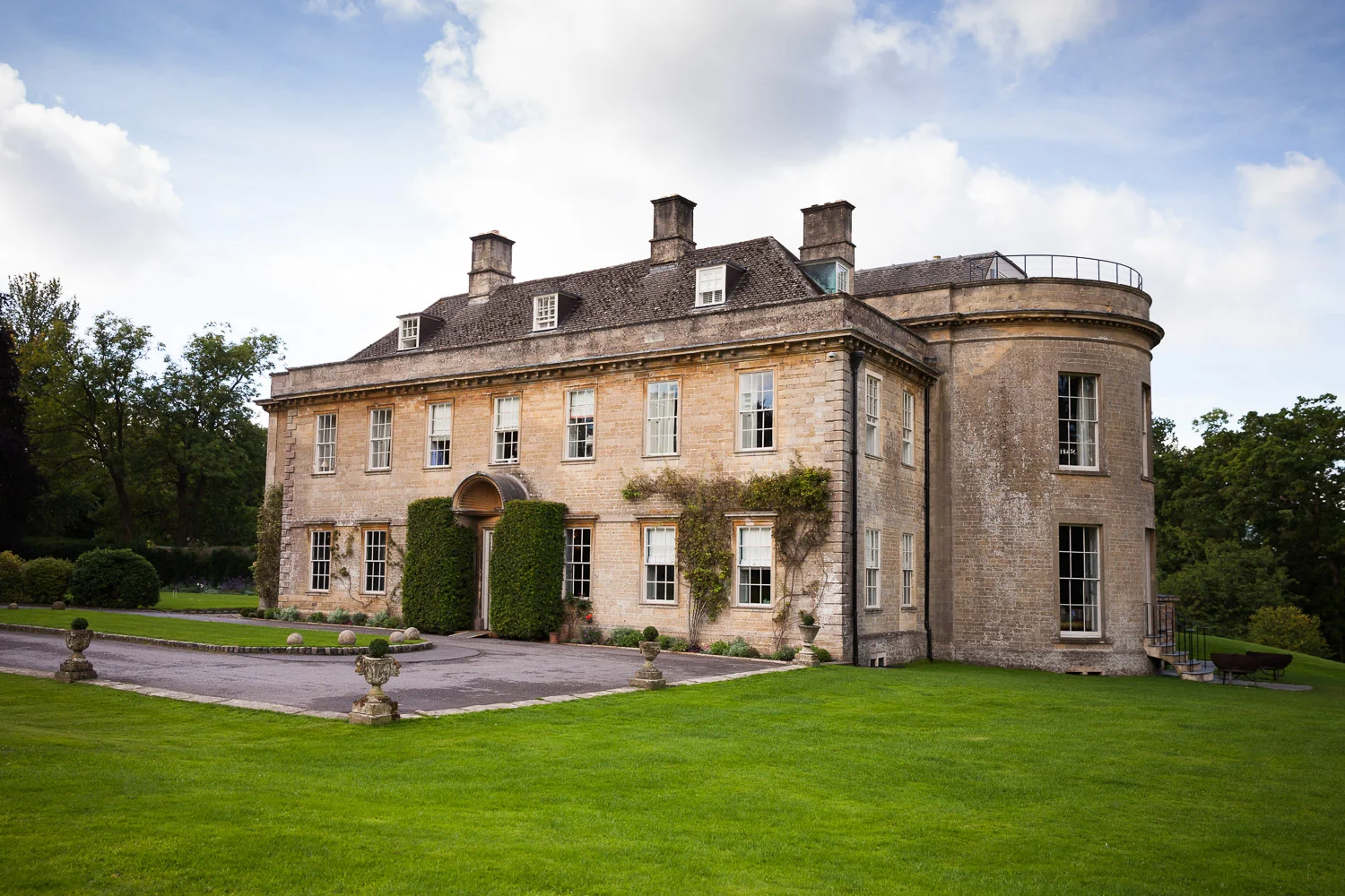 The outside of babington house decorated for a wedding