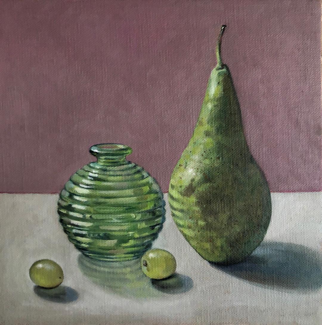 Green bottle with pear and grapes