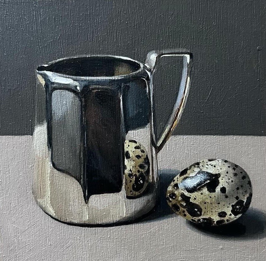 Silver jug with quail egg study