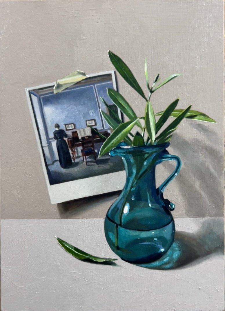 Hammershoi postcard with blue vase & olive sprig
