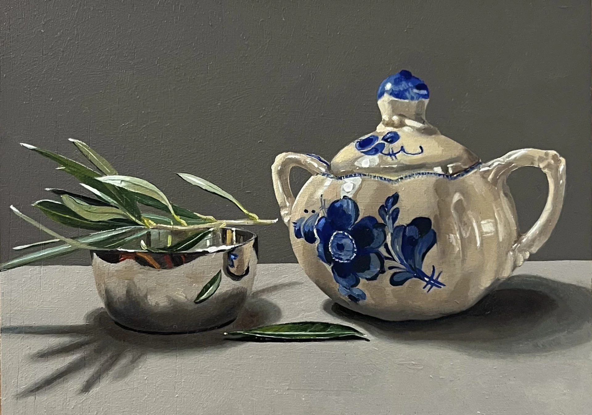 Czech pot with silver bowl & olive sprig