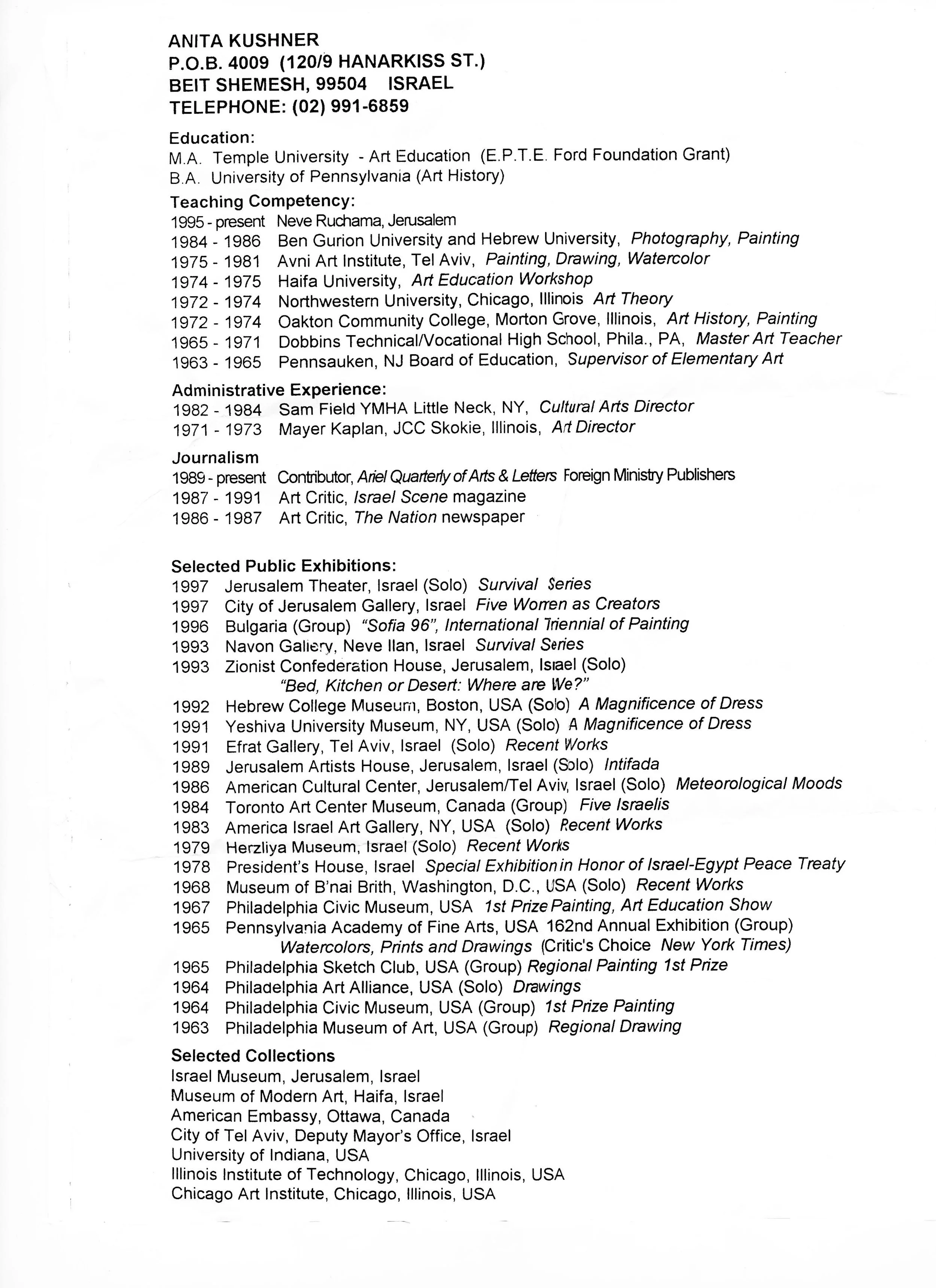 Anita Kushner Partial CV