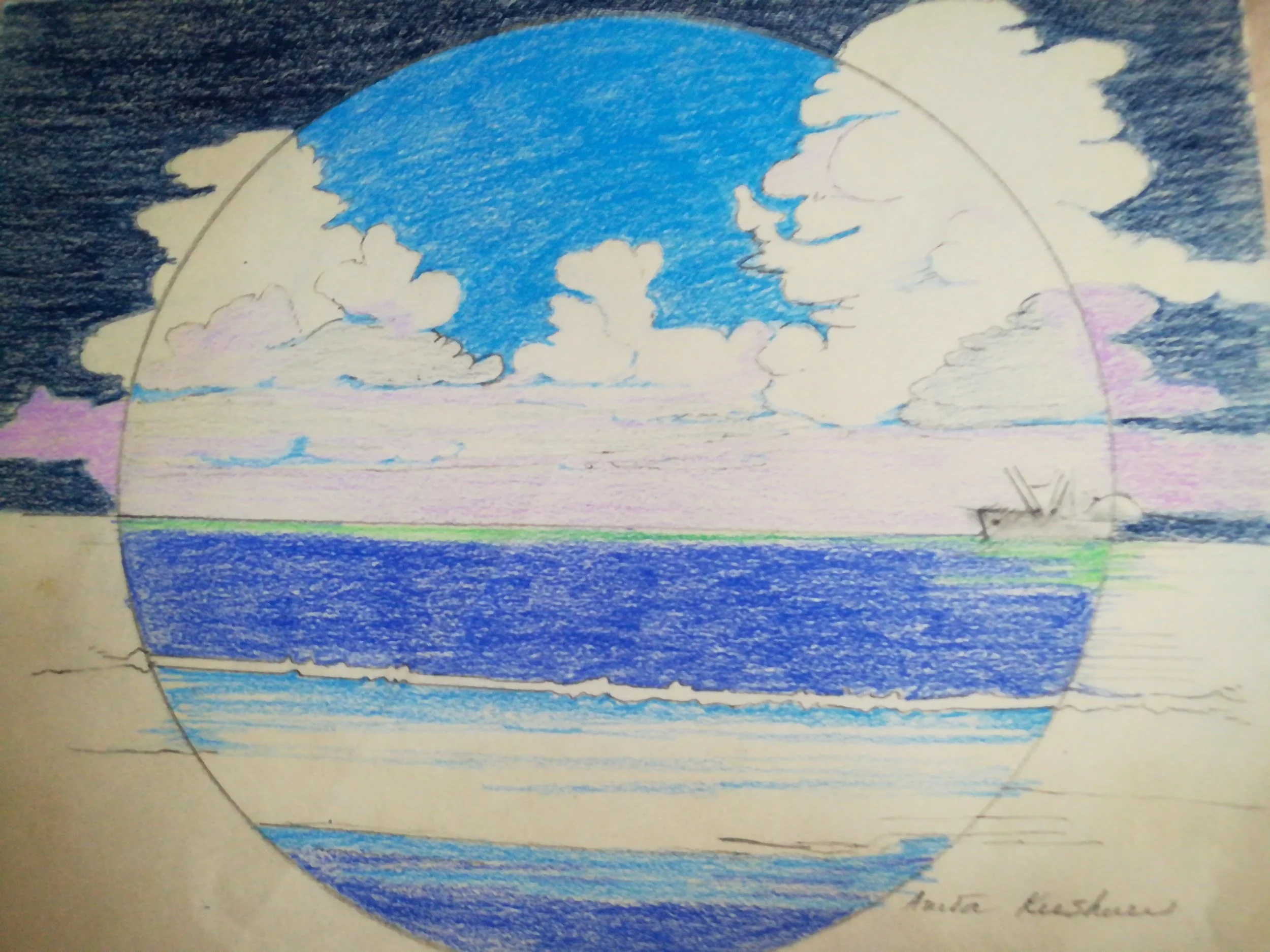 color pencil of sea with boat