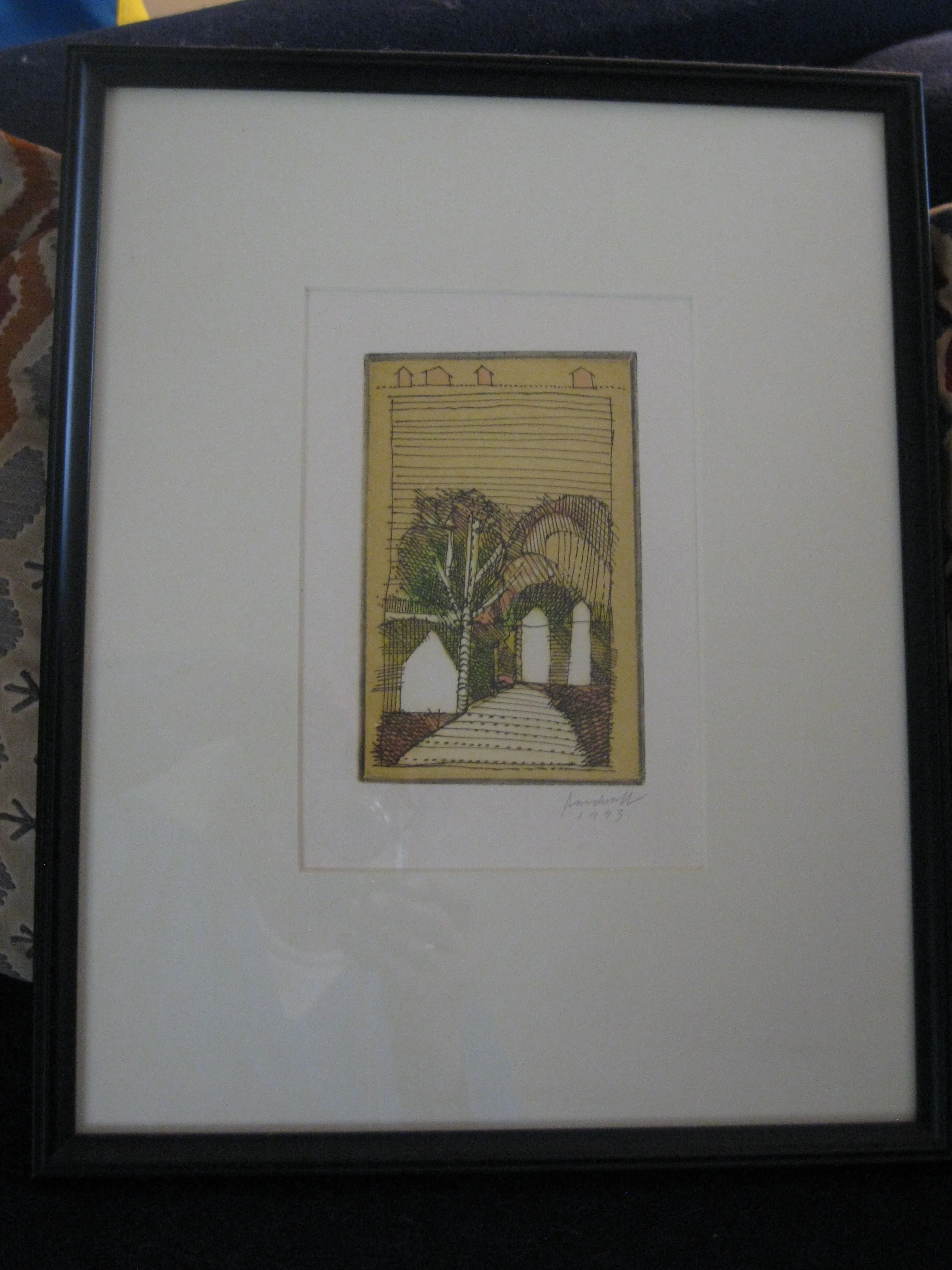 Village    15" x 12"   framed    $220.00   Dry-point and watercolor