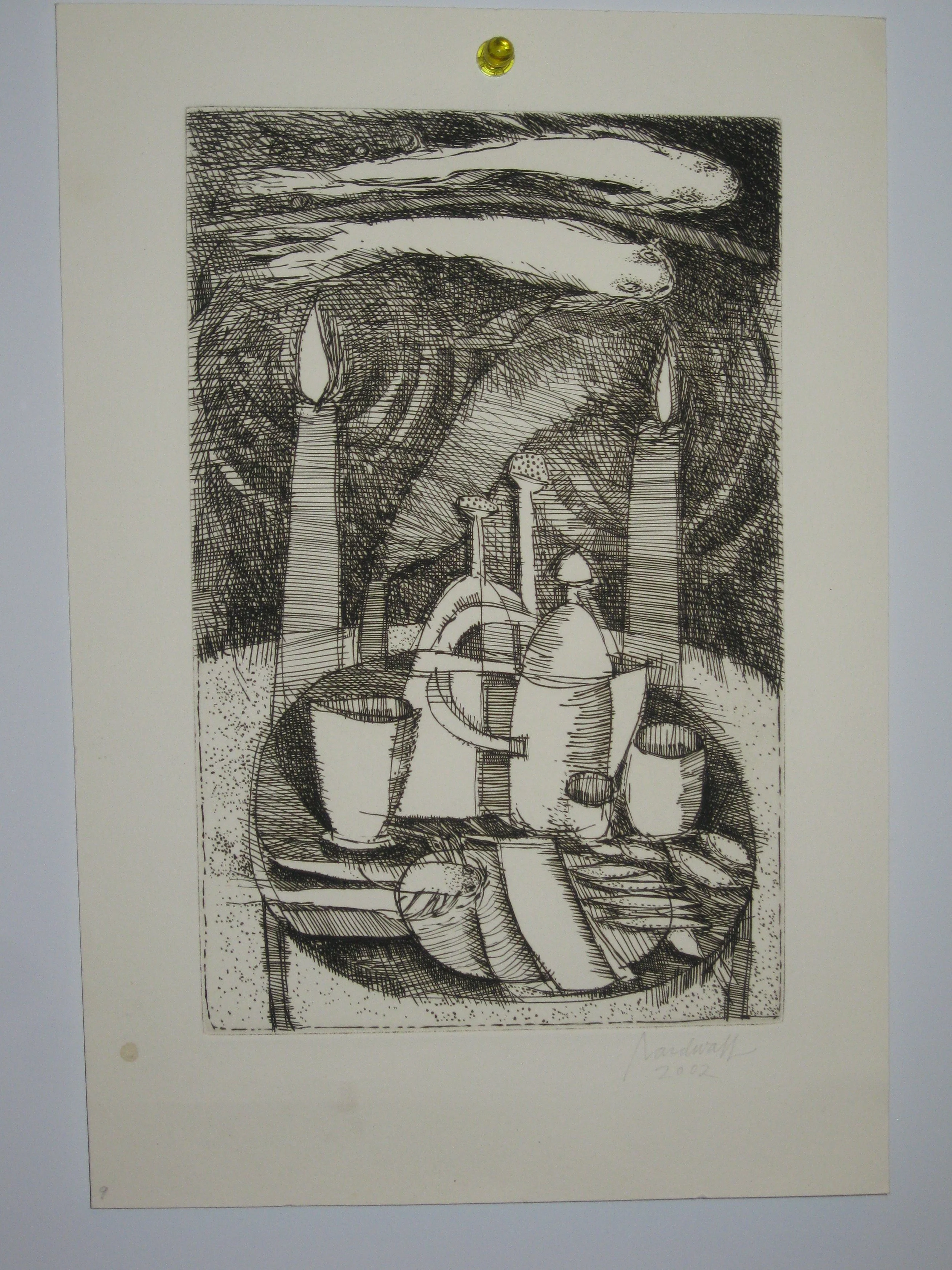 Place setting with flying fish.  Approx 7" x 4"  Dry point     $150.00