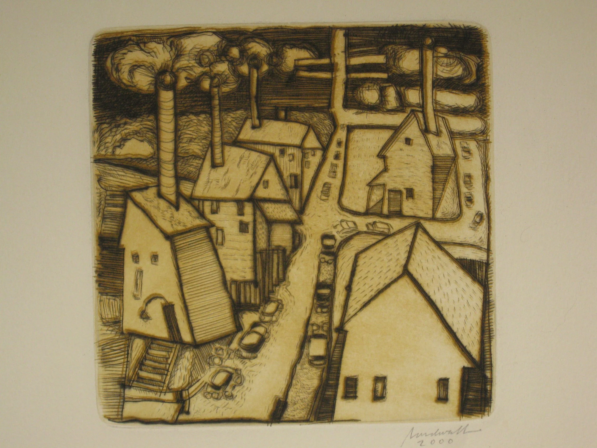 Village  approx 6" x 6"   dry point     $100.00