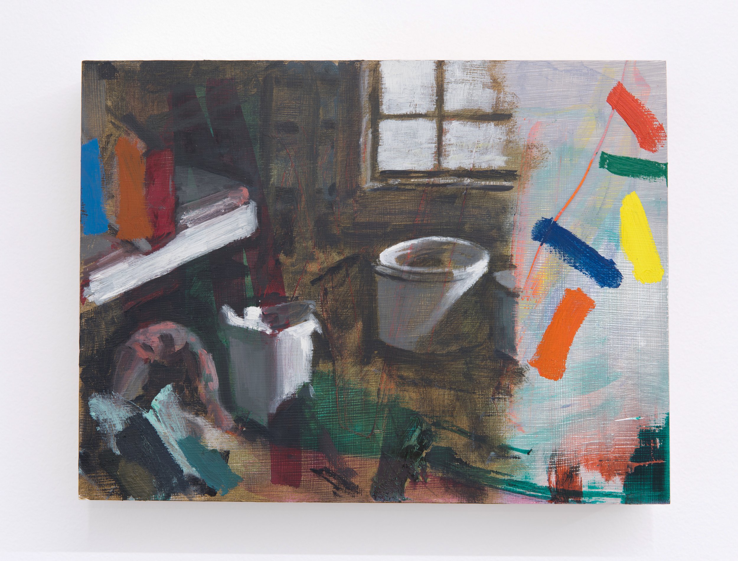 DAMIAN STAMER Collaboration 23: My photographic memory of an abandoned rural North Carolina farm house filled with junk and old metal cans and a dirty bed interior , 2023 oil on panel 9 x 12 inches INQUIRE+