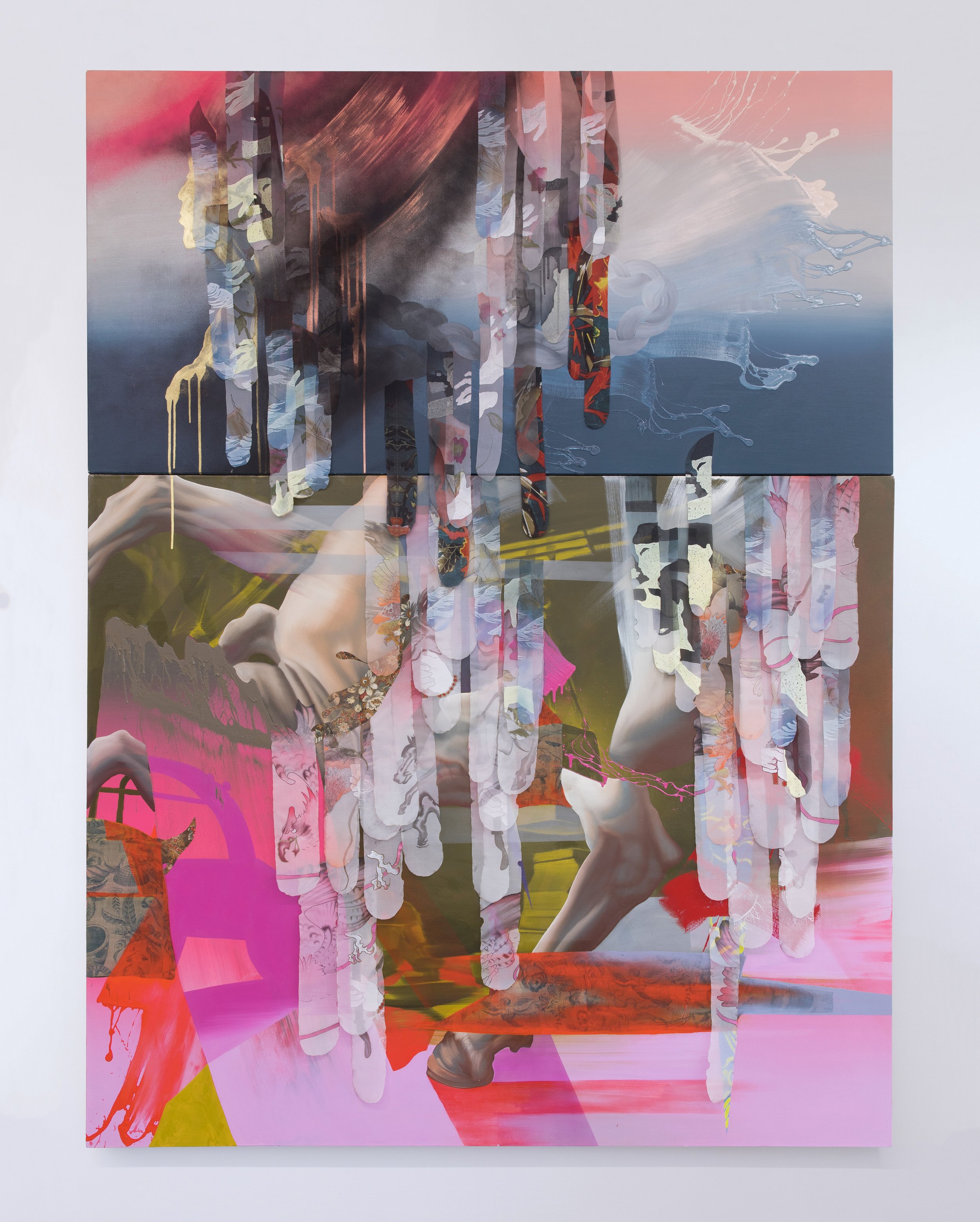 LIEN TRUONG Here comes the General , 2024 acrylic, oil, copper pigment, printed chiffon, 19th century American cloth, enamel on silk and canvas 96 x 72 inches INQUIRE+
