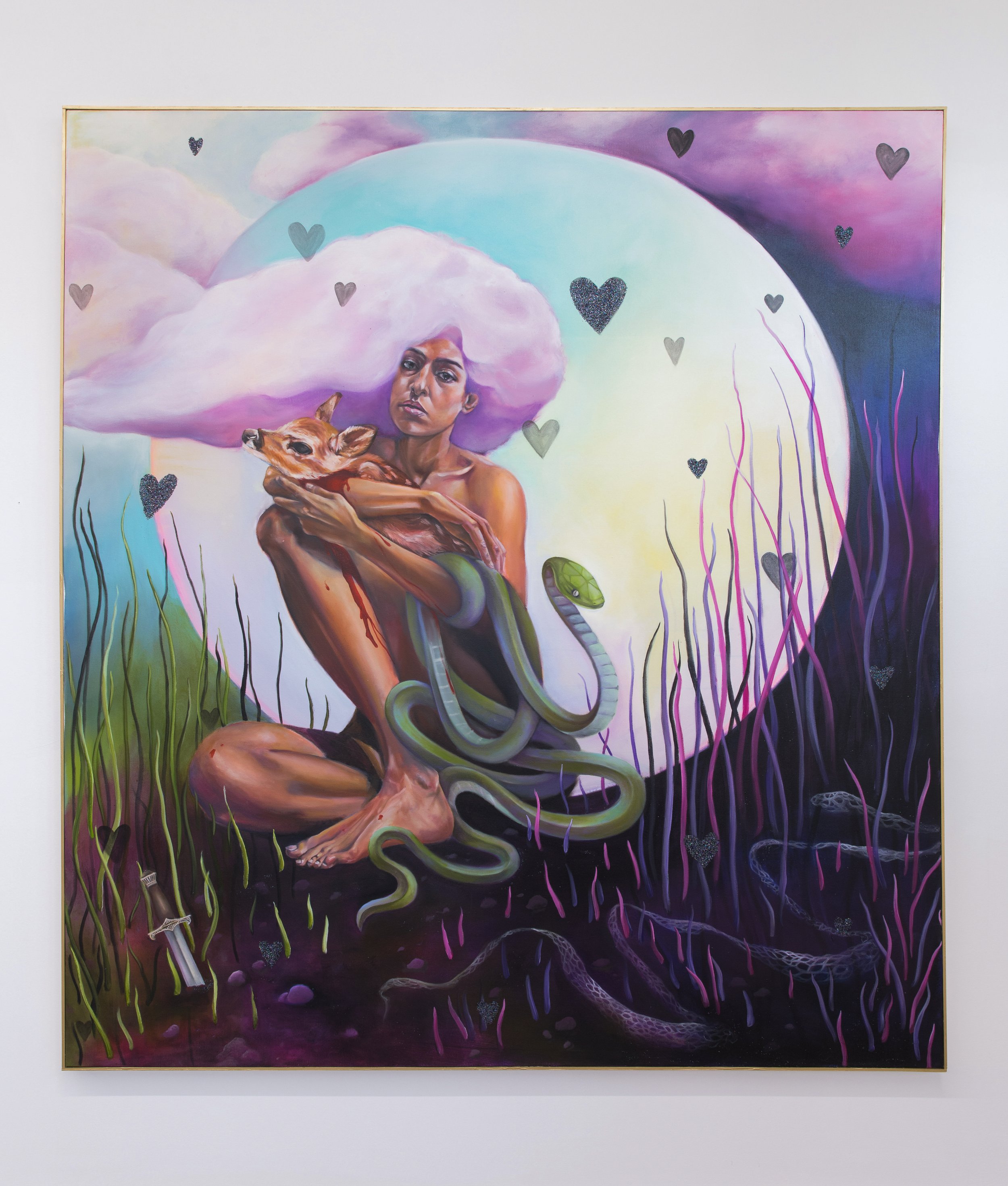 SABA TAJ The End of Innocence , 2023 oil and glitter on canvas 72 x 66.5 inches INQUIRE+