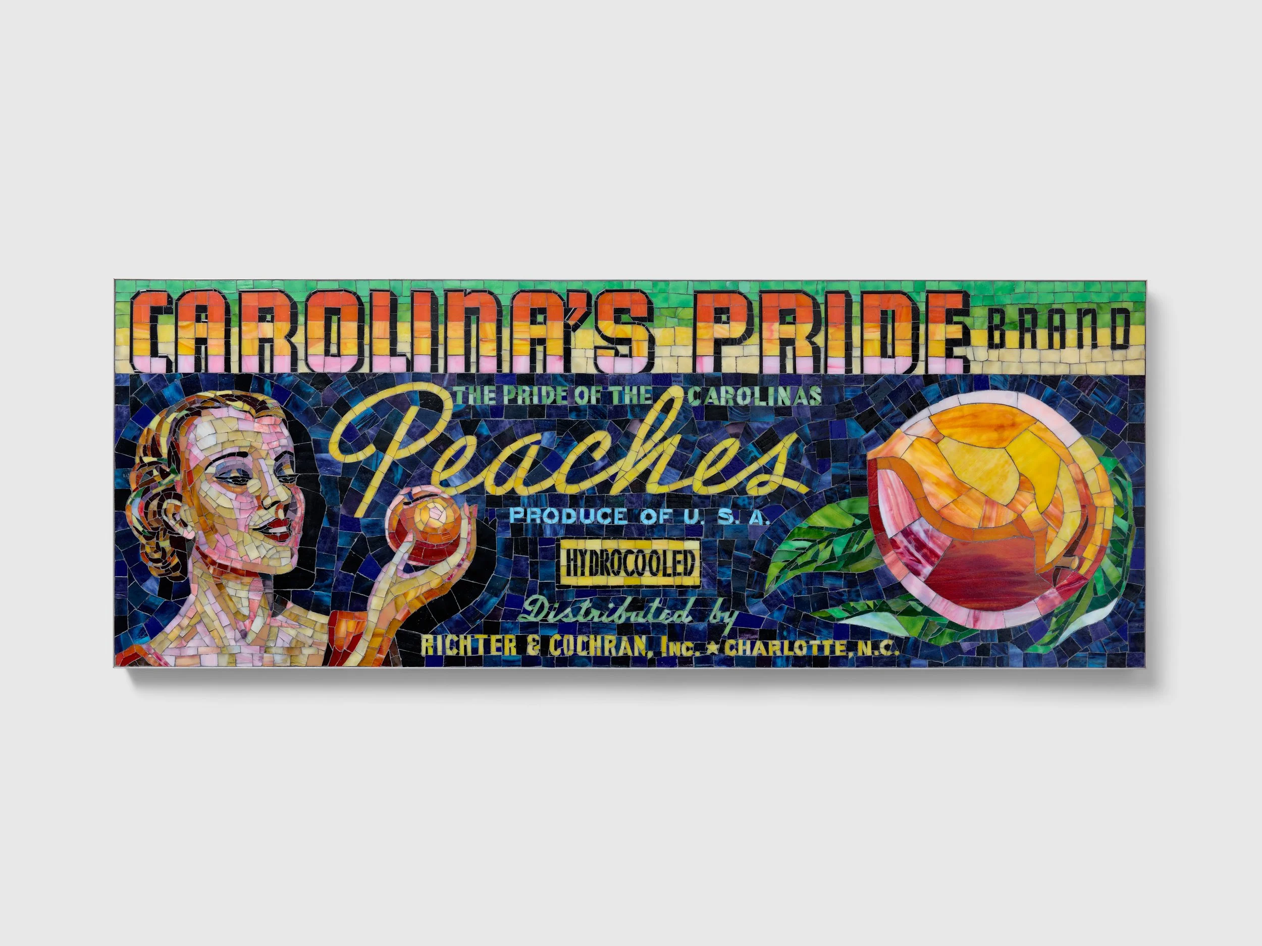 STEPHANIE H. SHIH Carolina's Pride Peaches , 2025 stained glass and cement mortar on aluminum 18 x 48 inches INQUIRE+