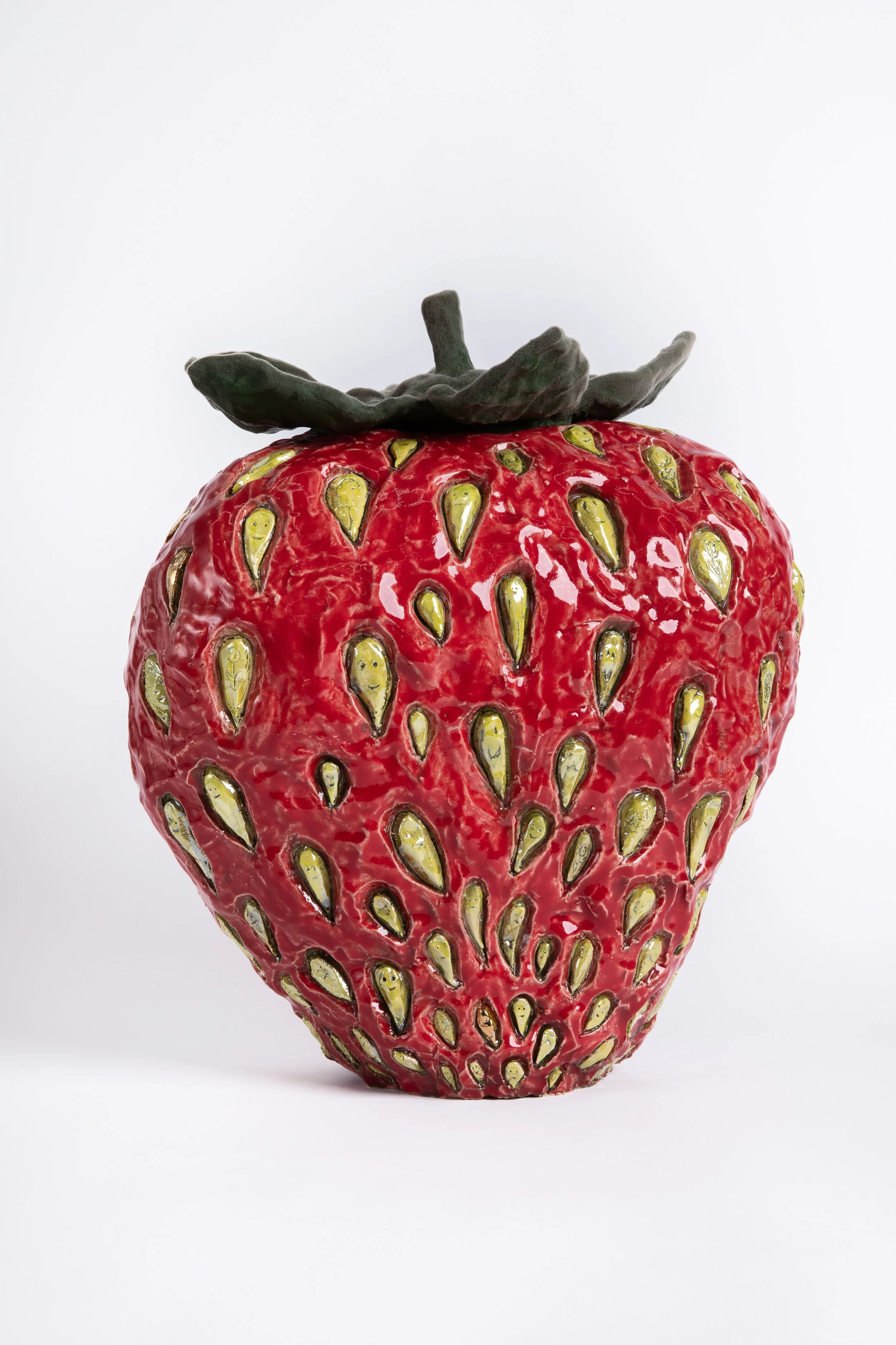  GRACE STOTT  Everything Strawberry , 2025 stoneware, flock fibers, adhesive, gold 15.5 x 13 x 9 inches   INQUIRE+  