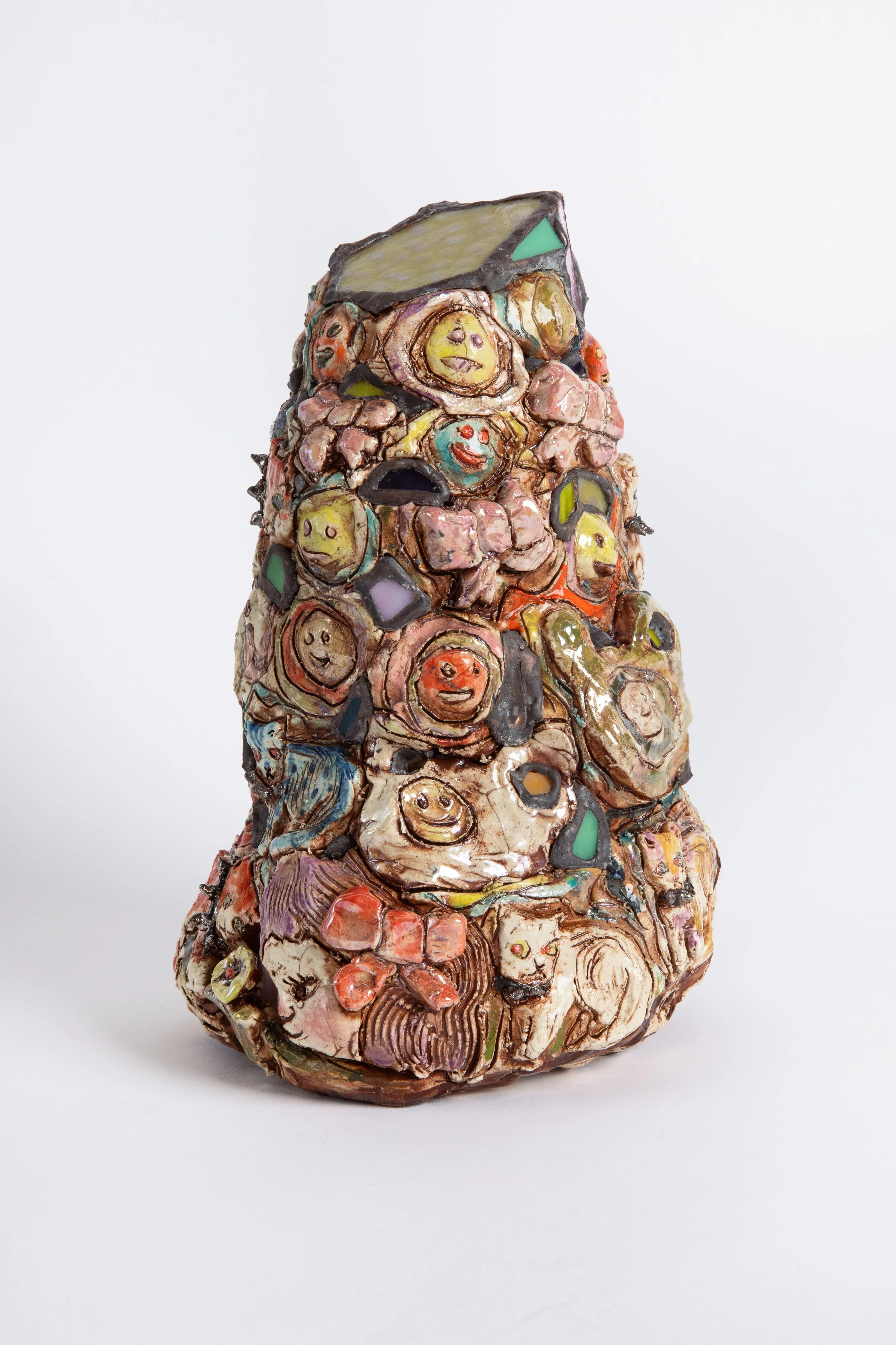  GRACE STOTT  Magic cat colony mountain , 2025 stoneware, glass, solder, adhesive 9.5 x 5.5 x 6 inches   INQUIRE+  