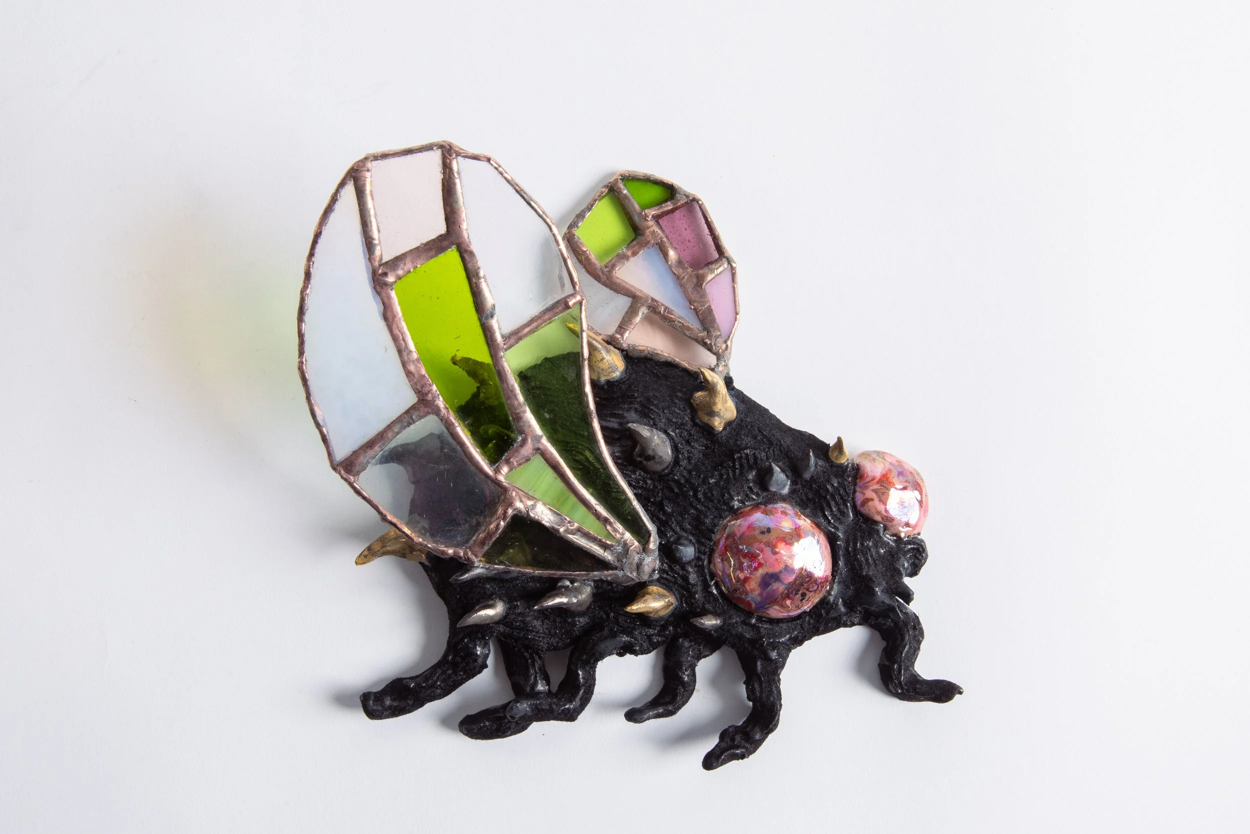  GRACE STOTT  Fly guy 2 , 2025 stoneware, gold, glass, solder, copper wire, adhesive, flock fibers 6.5 x 7.5 x 2.25 inches   INQUIRE+  