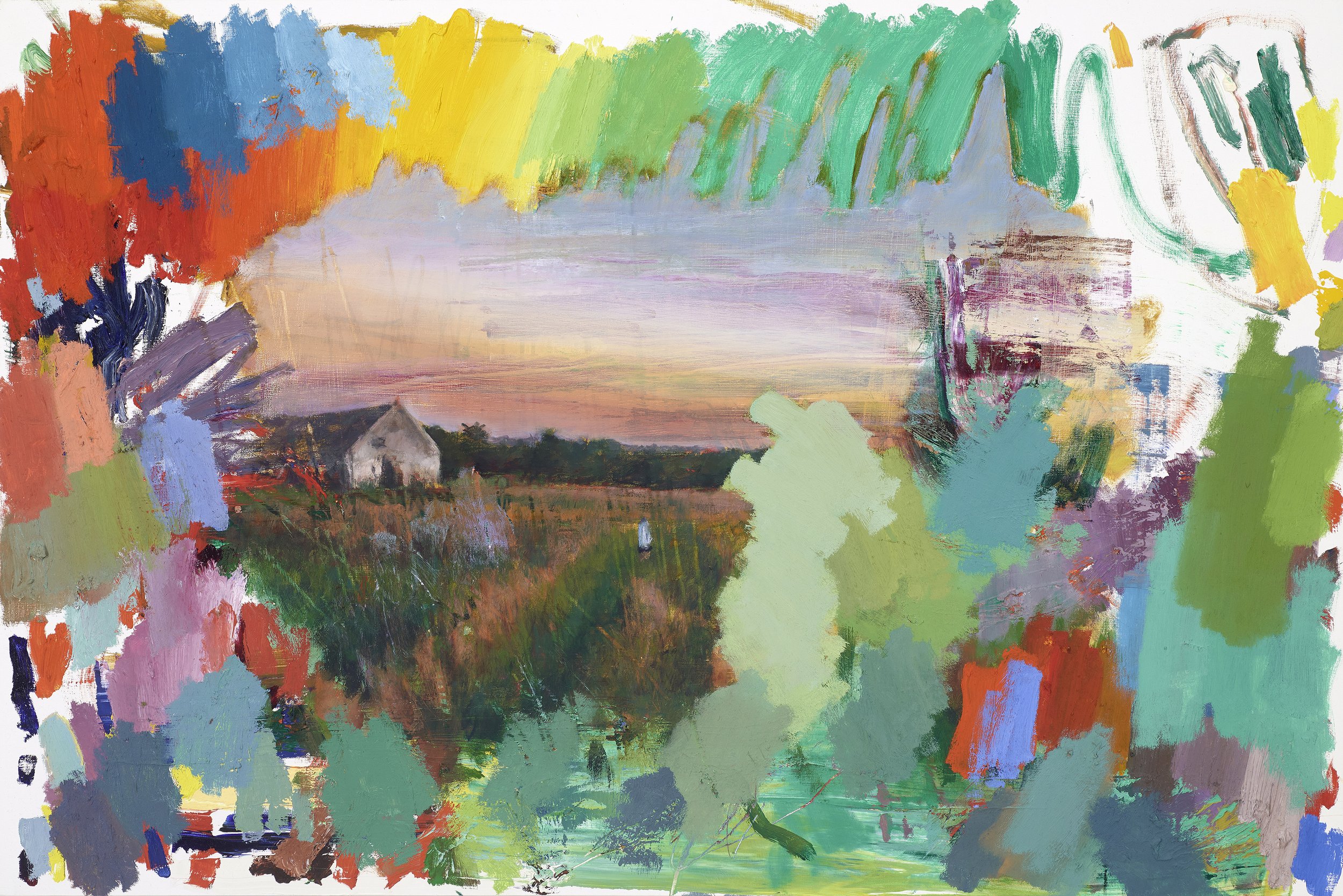  DAMIAN STAMER  Collaboration 65: My childhood memory exploring field on South Lowell road with two old dilapidated and abandoned twin barns in the distance at dusk in late summer with Dylan. Pink and orange glow. Rust from a sunset. Warmth of heart.