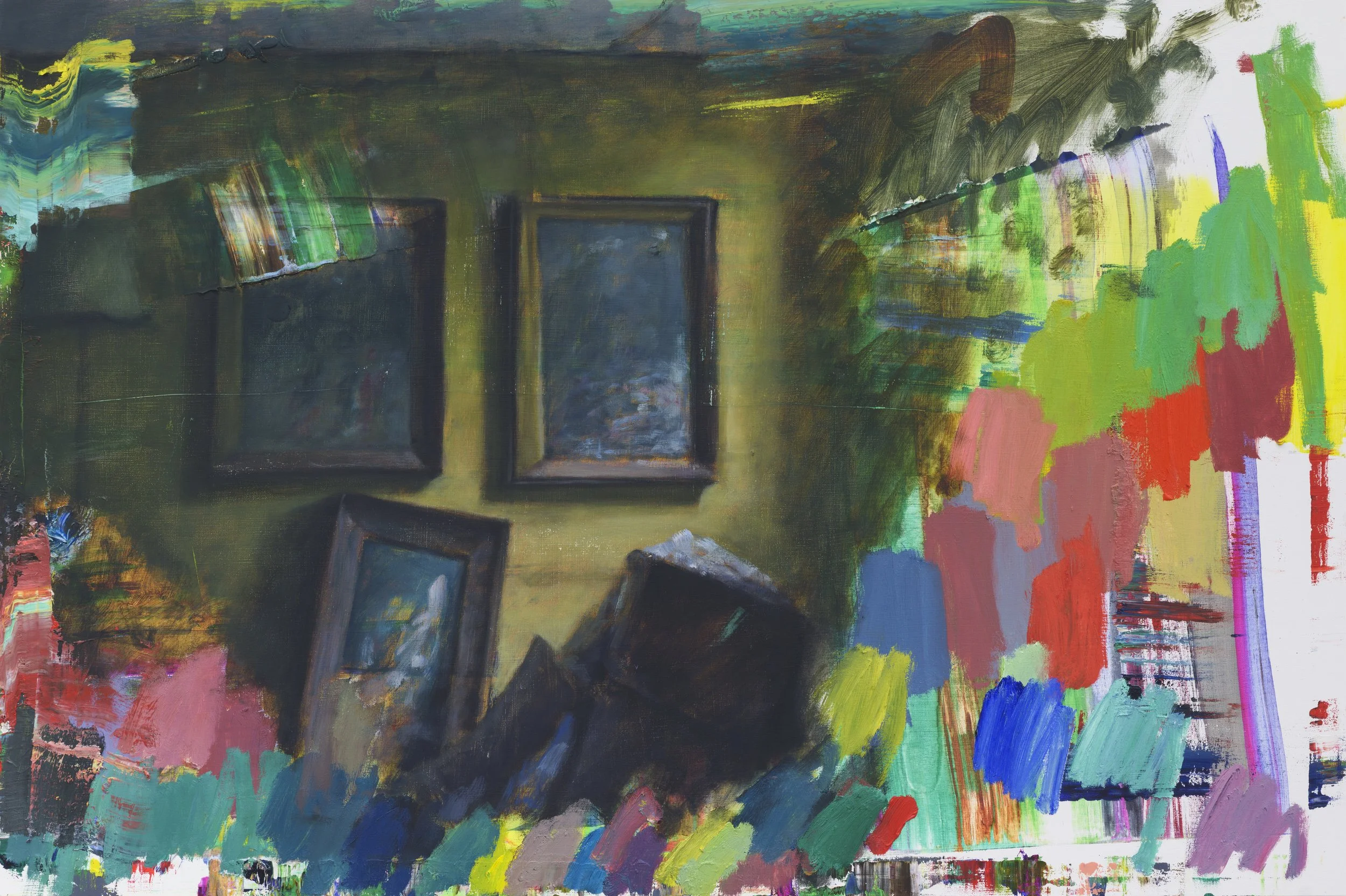  DAMIAN STAMER  Collaboration 63: My photographic childhood memory exploring the basement of an old abandoned rural North Carolina house filled with junk. Old paintings hanging on the wall, Leaning. Musty overflowing cardboard boxes. Vermeer, soft ye