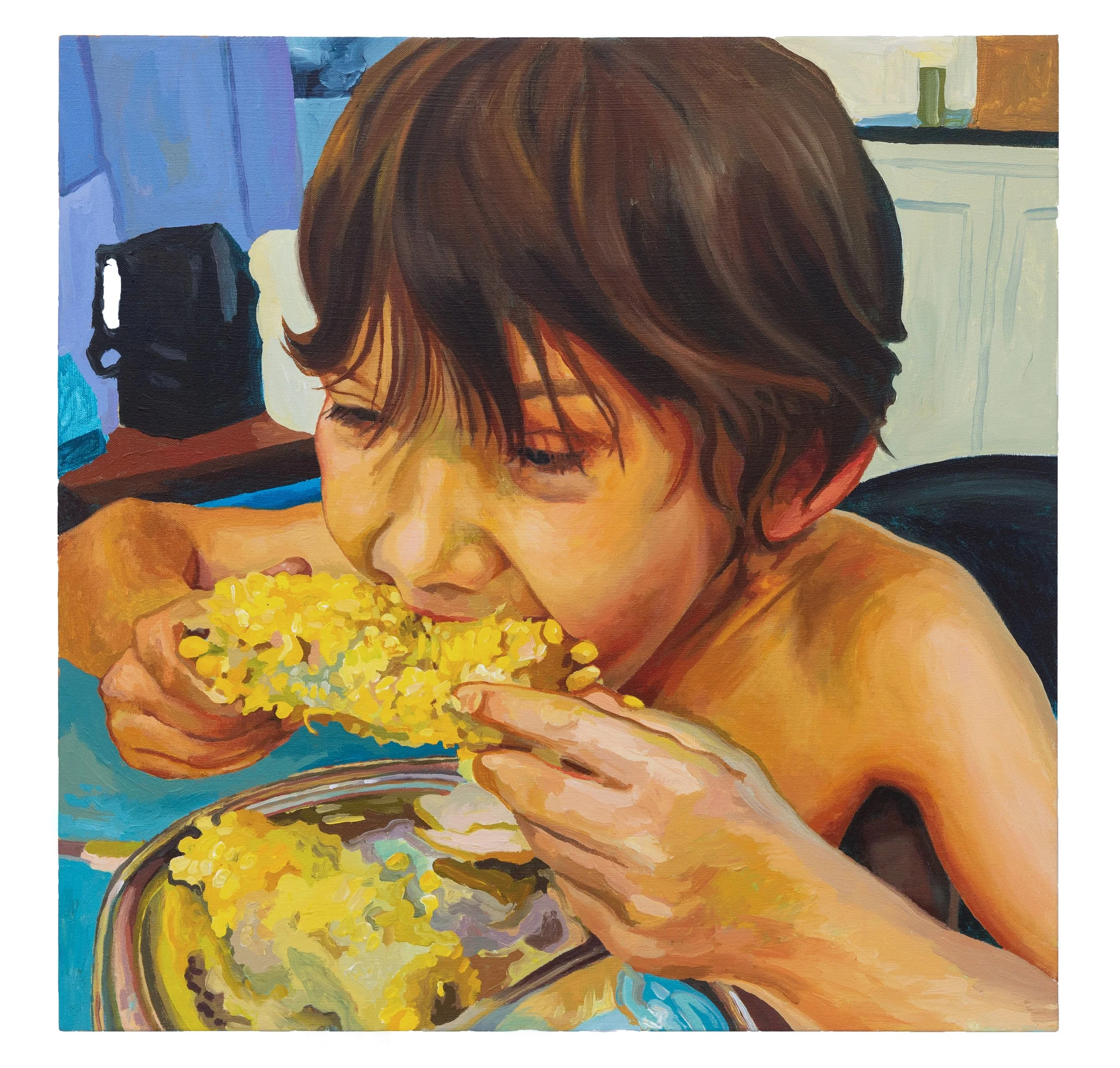  SCOTT AVETT  Boy eating corn , 2026 acrylic on canvas 26 x 26 inches   INQUIRE+  