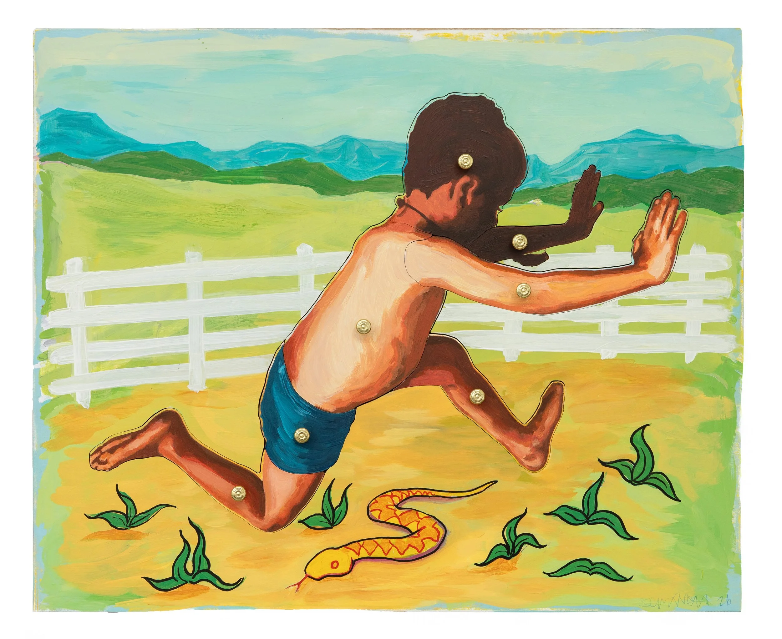  SCOTT AVETT  Jump the Snake Puzzle , 2026 acrylic on panel with knobs 23.5 x 28 inches   INQUIRE+  