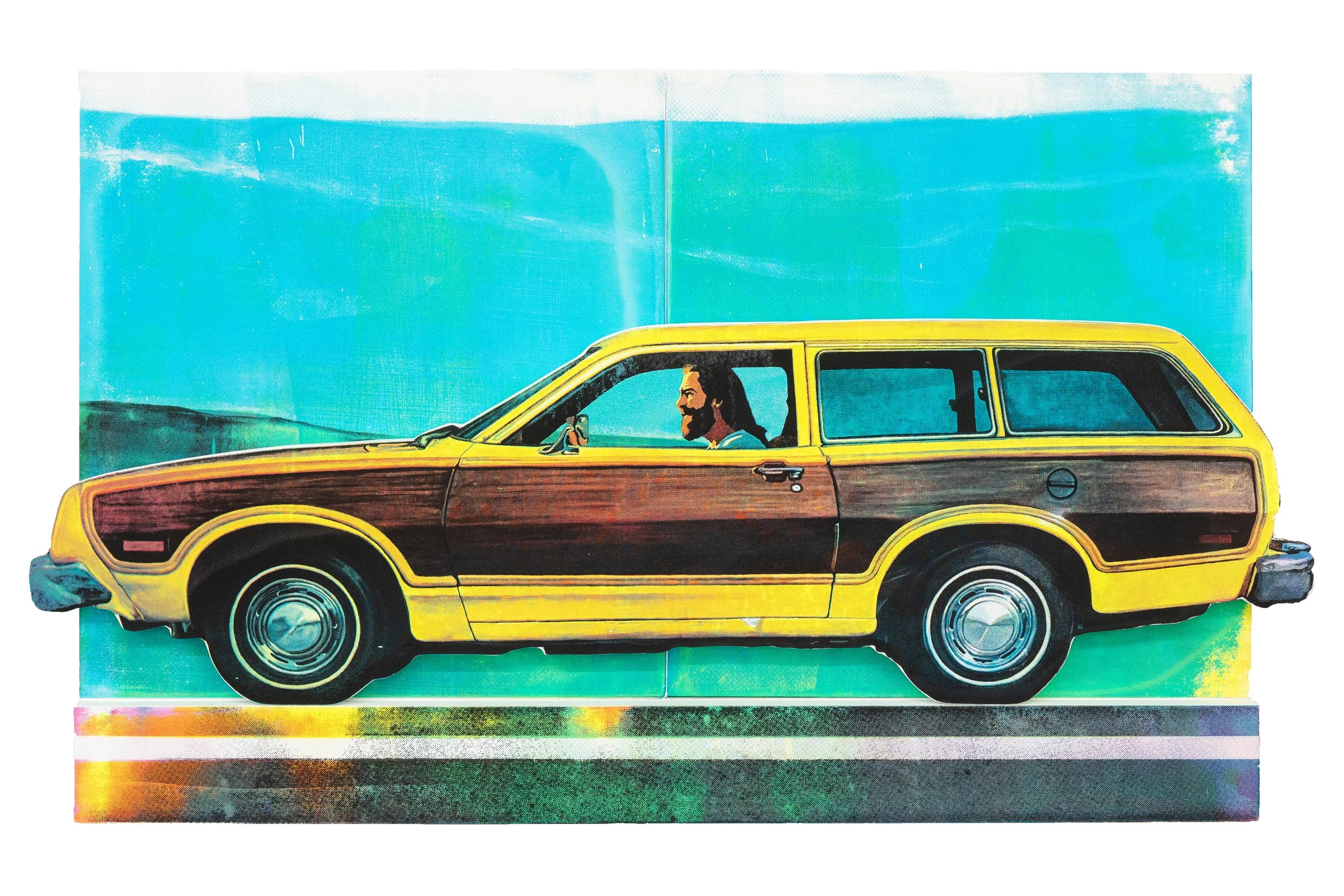  SCOTT AVETT  Jesus in a Pinto Replica 1 , 2025 silkscreen on panel 27 x 42.5 inches   INQUIRE+  