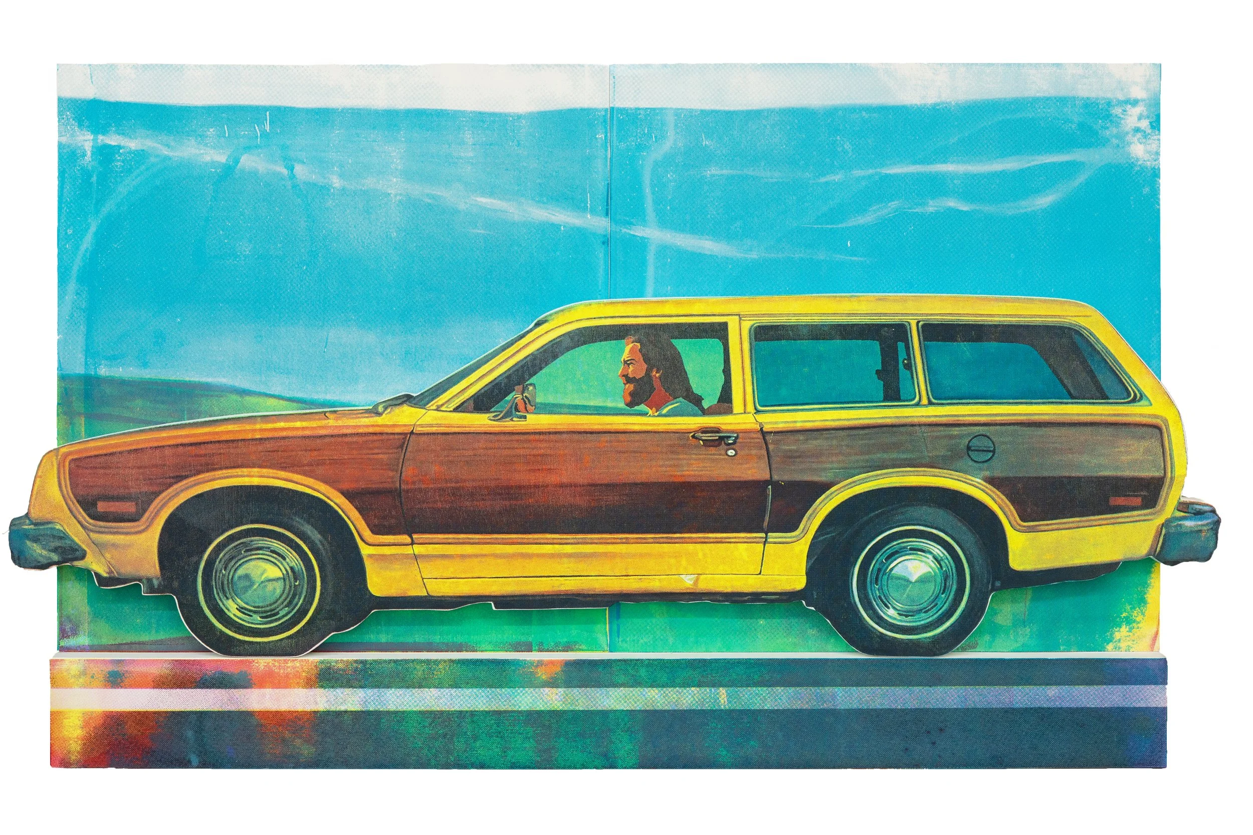  SCOTT AVETT  Jesus in a Pinto Replica 2 , 2025 silkscreen on panel 27 x 42.5 inches   INQUIRE+  