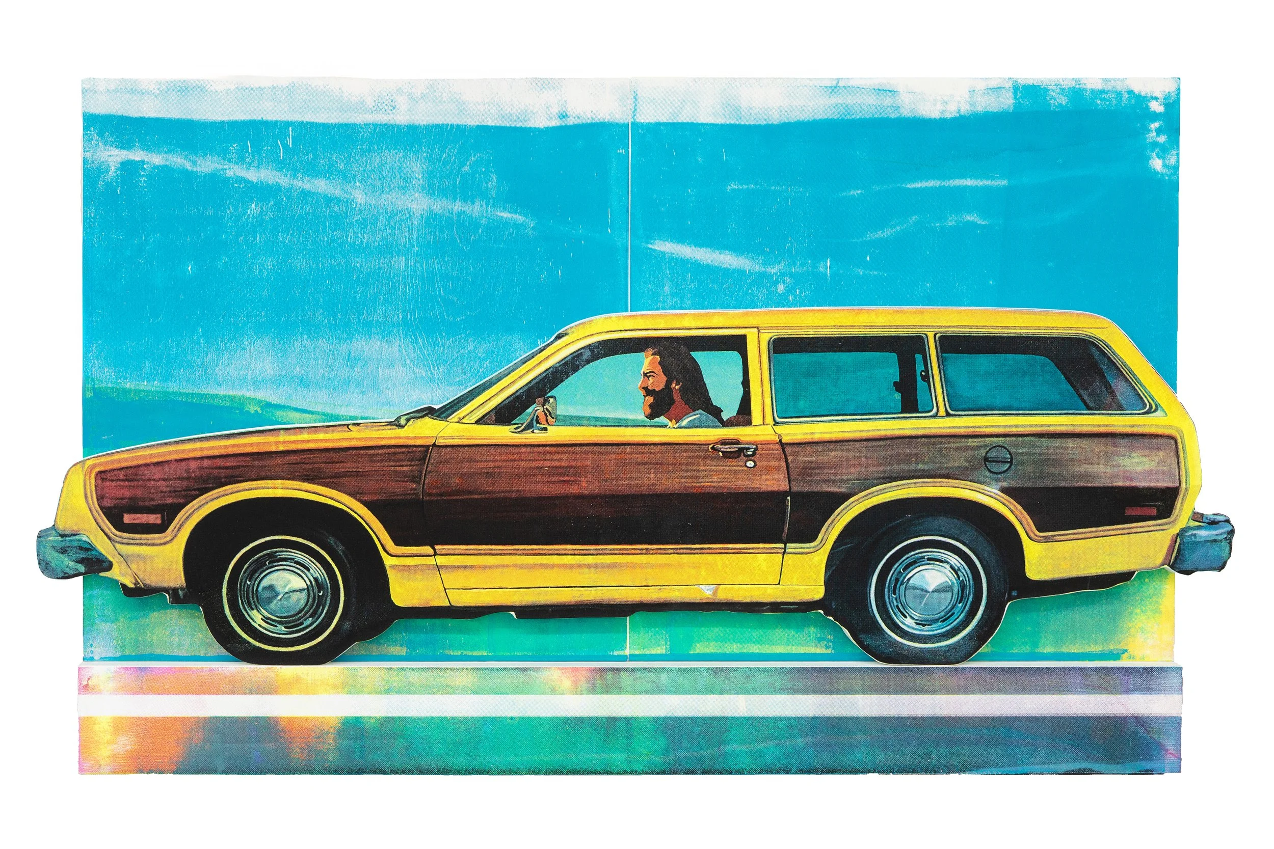  SCOTT AVETT  Jesus in a Pinto Replica 3 , 2025 silkscreen on panel 27 x 42.5 inches   INQUIRE+  