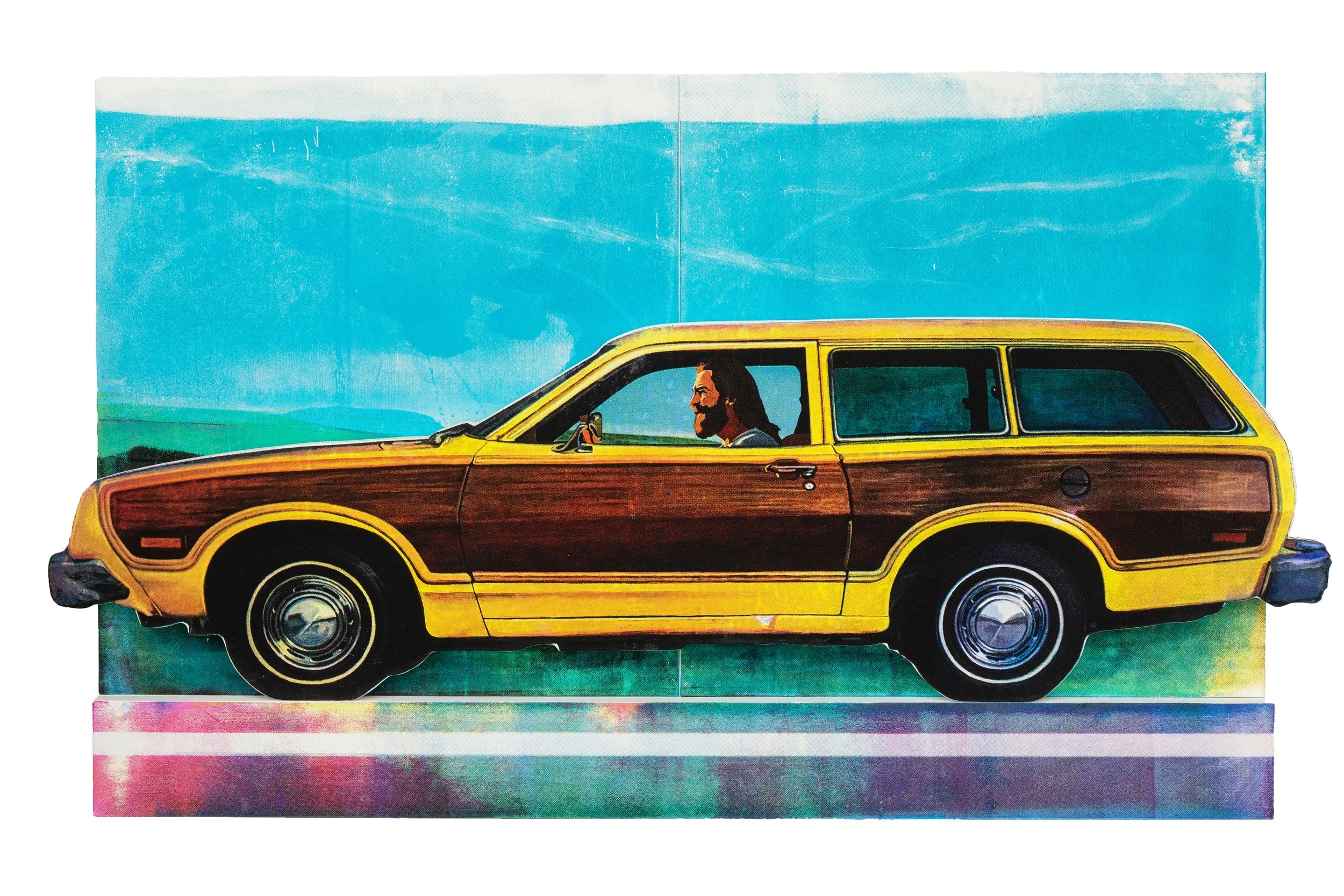  SCOTT AVETT  Jesus in a Pinto Replica 4 , 2025 silkscreen on panel 27 x 42.5 inches   INQUIRE+  