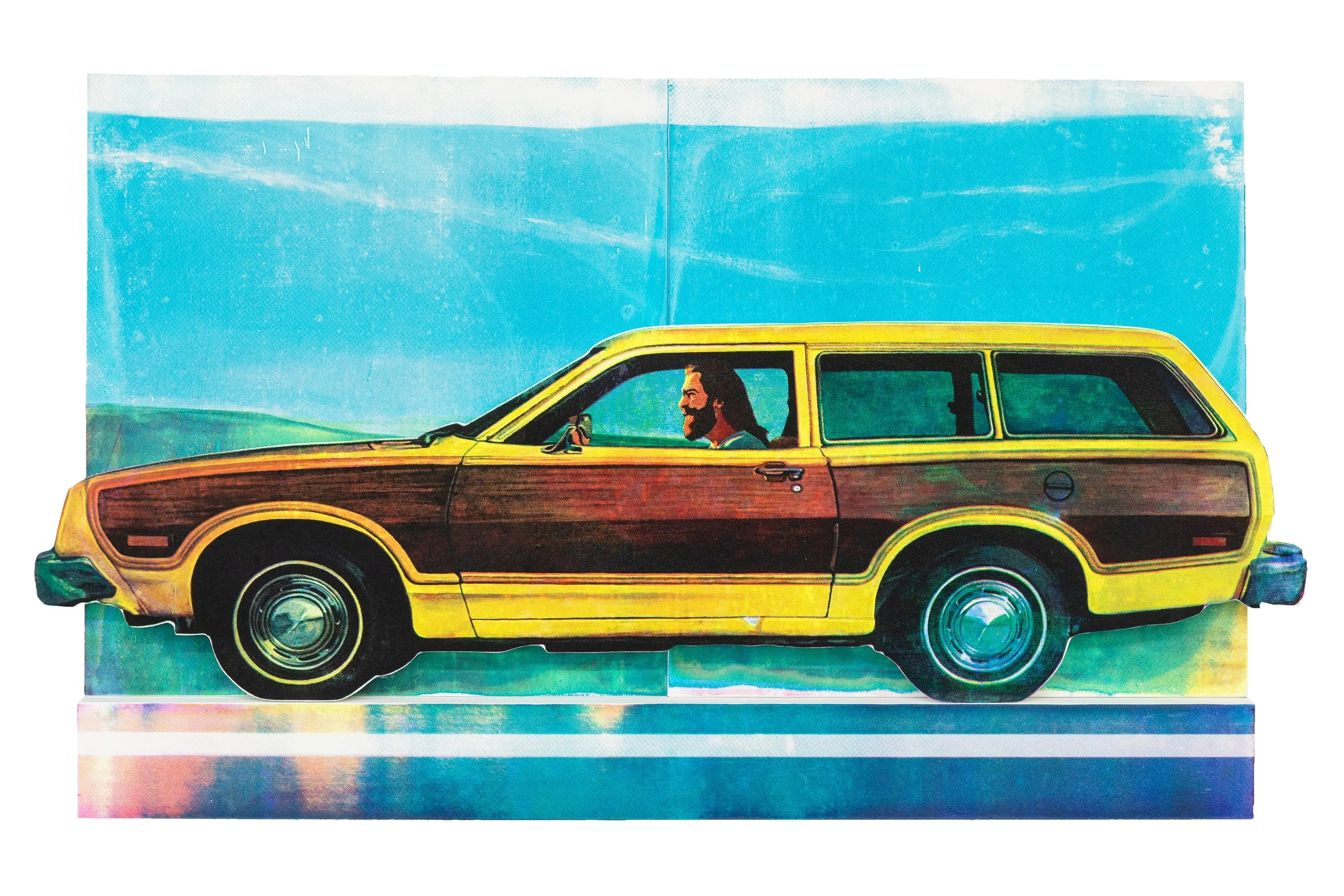  SCOTT AVETT  Jesus in a Pinto Replica 5 , 2025 silkscreen on panel 27 x 42.5 inches   INQUIRE+  