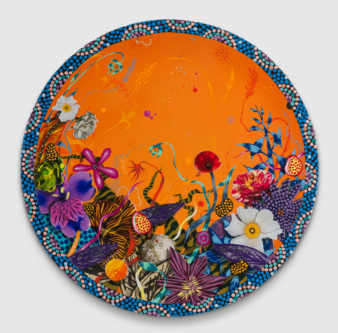  AMIR H. FALLAH  Orange Haze , 2023 acrylic and collage on canvas 12 inches, diameter   INQUIRE+  