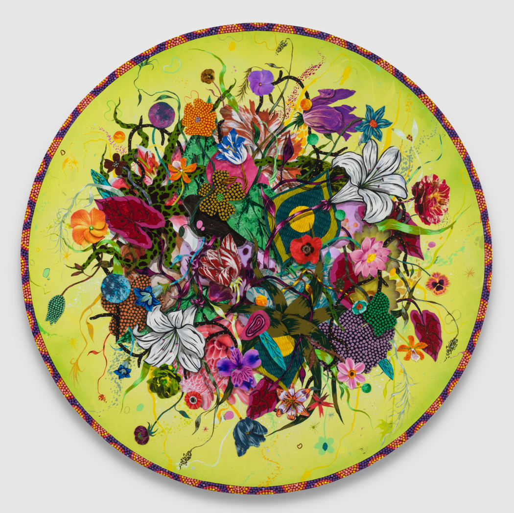  AMIR H. FALLAH  Green Planet , 2024 acrylic and collage on canvas 36 inches, diameter   INQUIRE+  