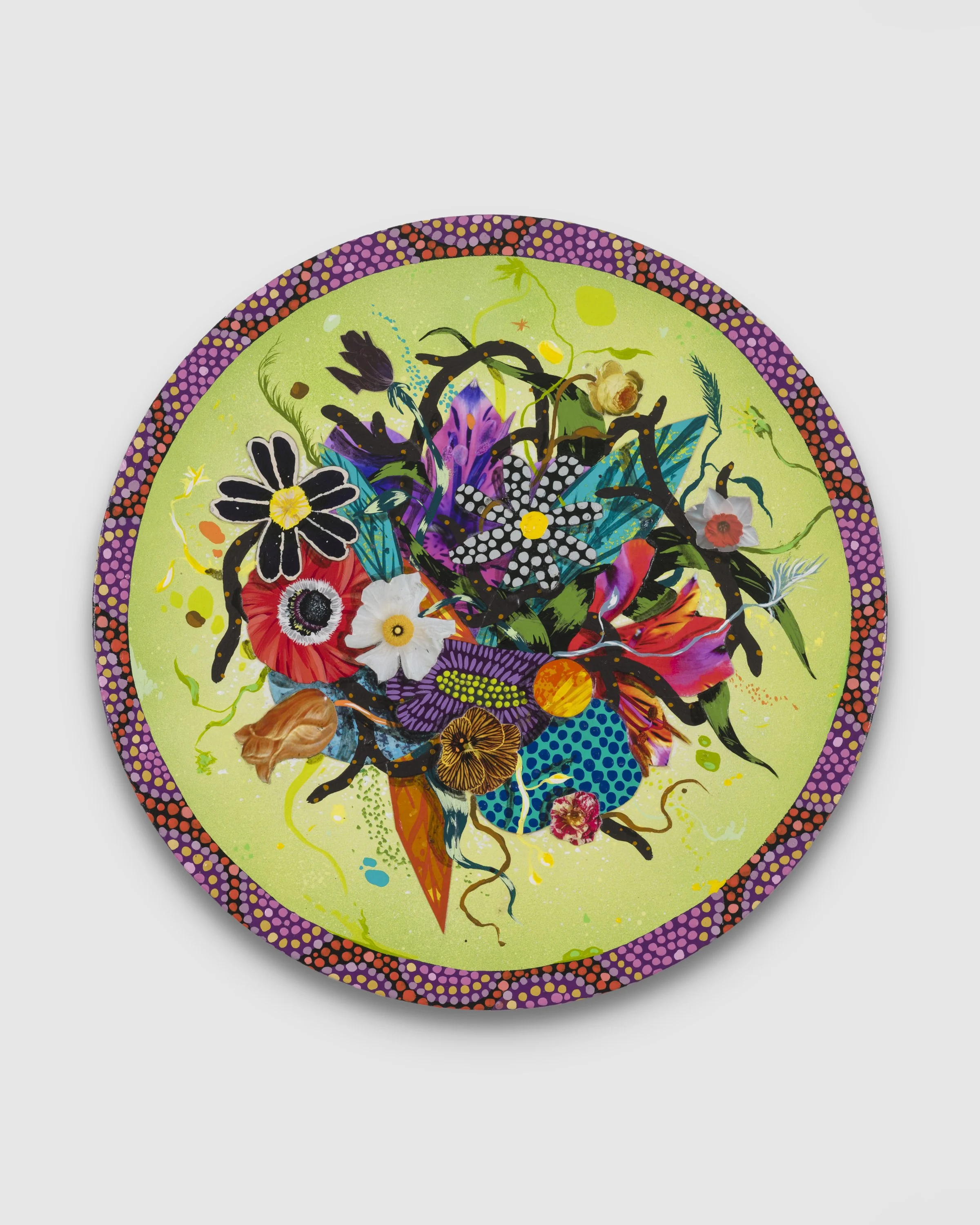  AMIR H. FALLAH  New Era , 2024 acrylic and collage on canvas 12 inches, diameter   INQUIRE+  