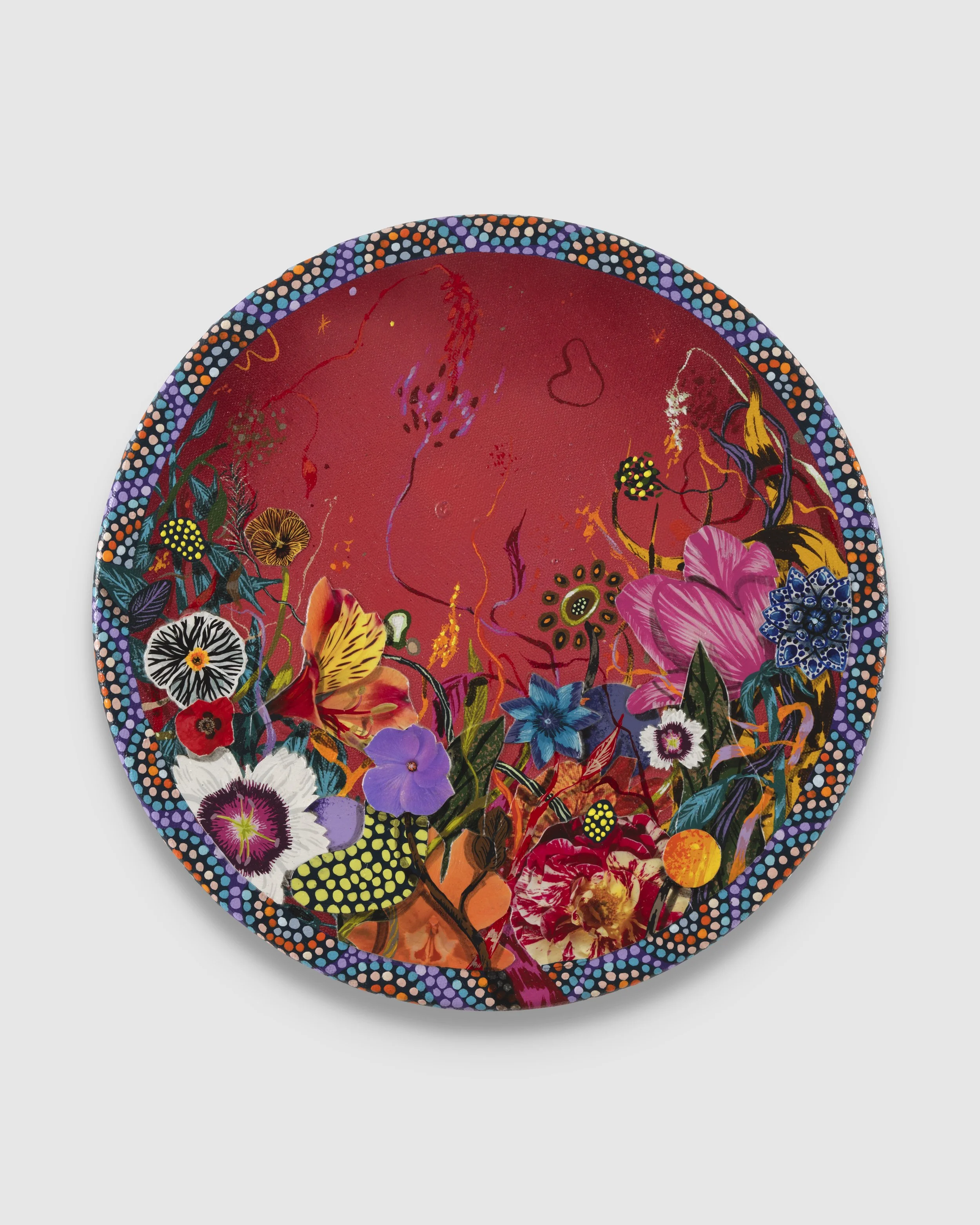  AMIR H. FALLAH  Flourish , 2026 acrylic and collage on canvas 12 inches, diameter   INQUIRE+  