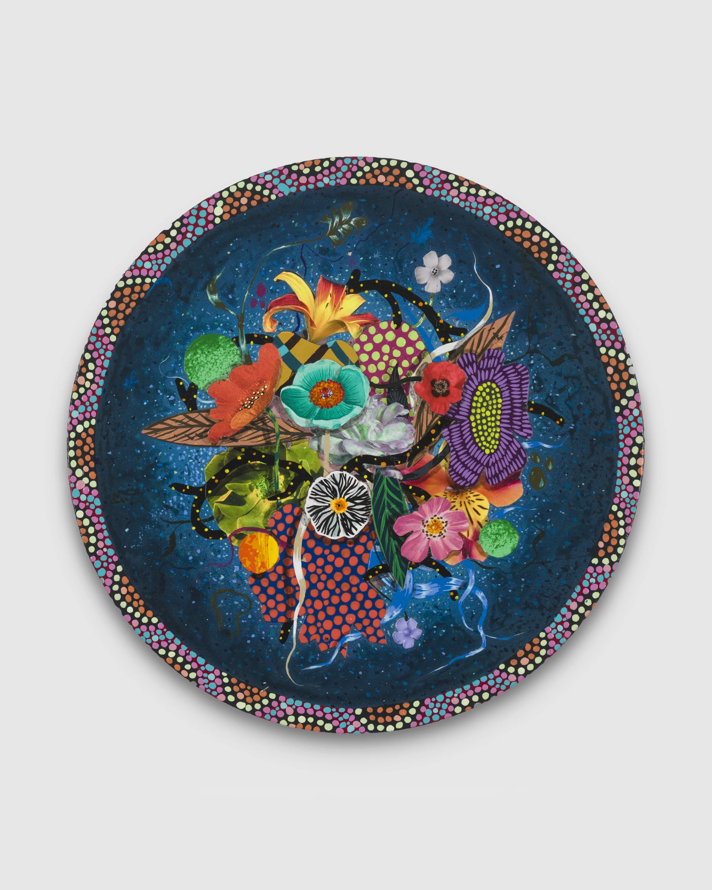  AMIR H. FALLAH  Set To Explode , 2024 acrylic and collage on canvas 12 inches, diameter   INQUIRE+  