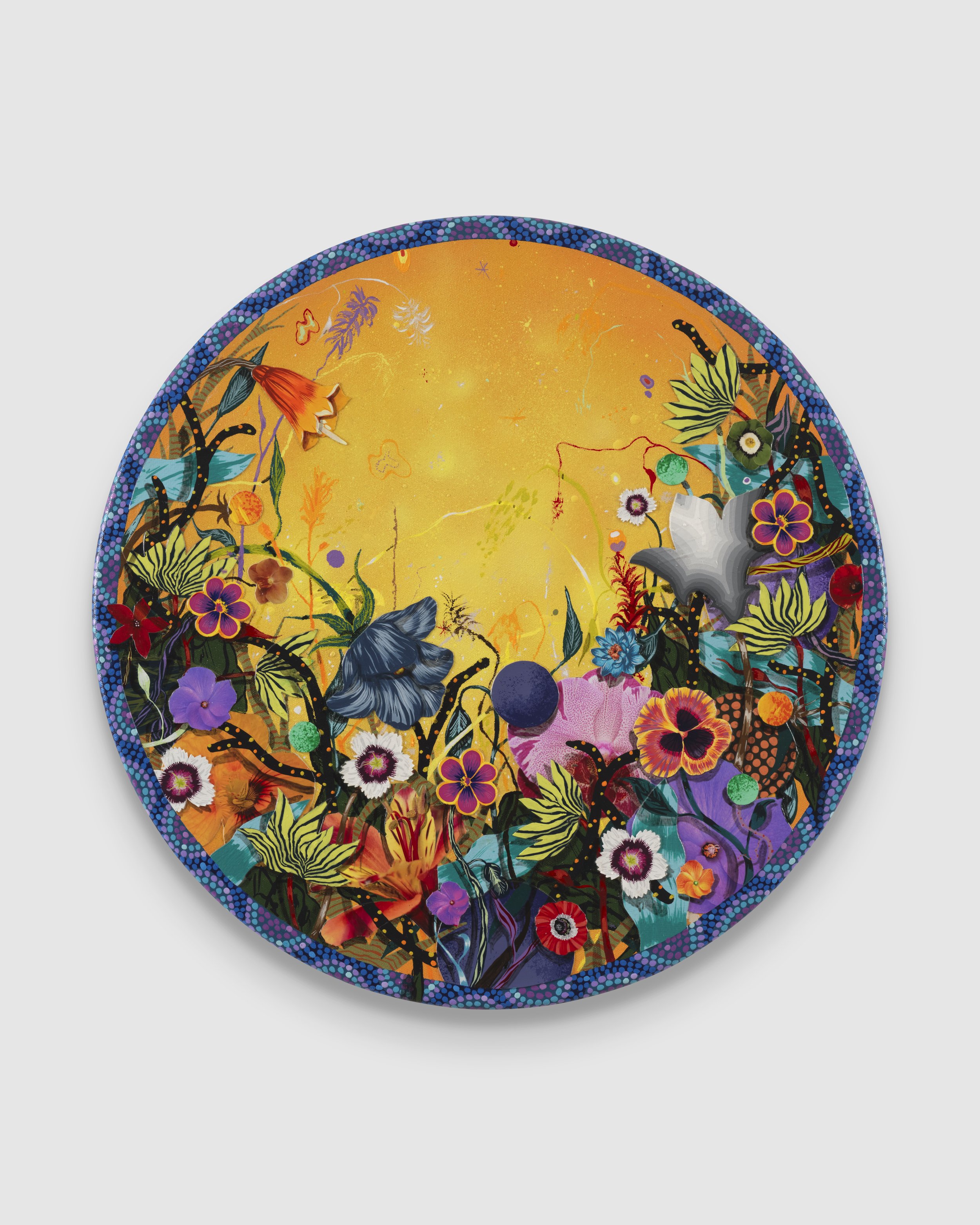  AMIR H. FALLAH  Sunkist , 2026 acrylic and collage on canvas 20 inches, diameter   INQUIRE+  