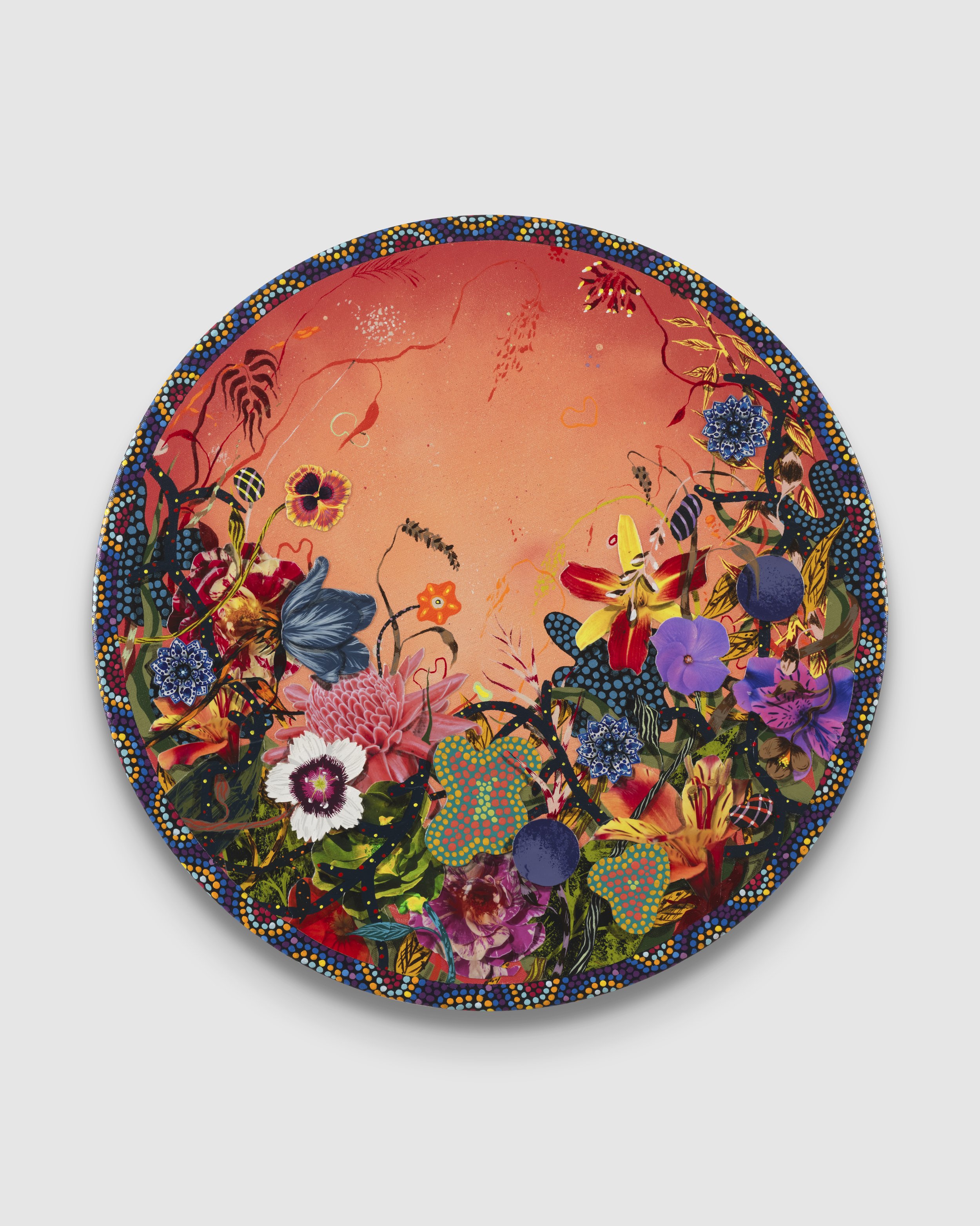  AMIR H. FALLAH  To The Sky , 2026 acrylic and collage on canvas 20 inches, diameter   INQUIRE+  