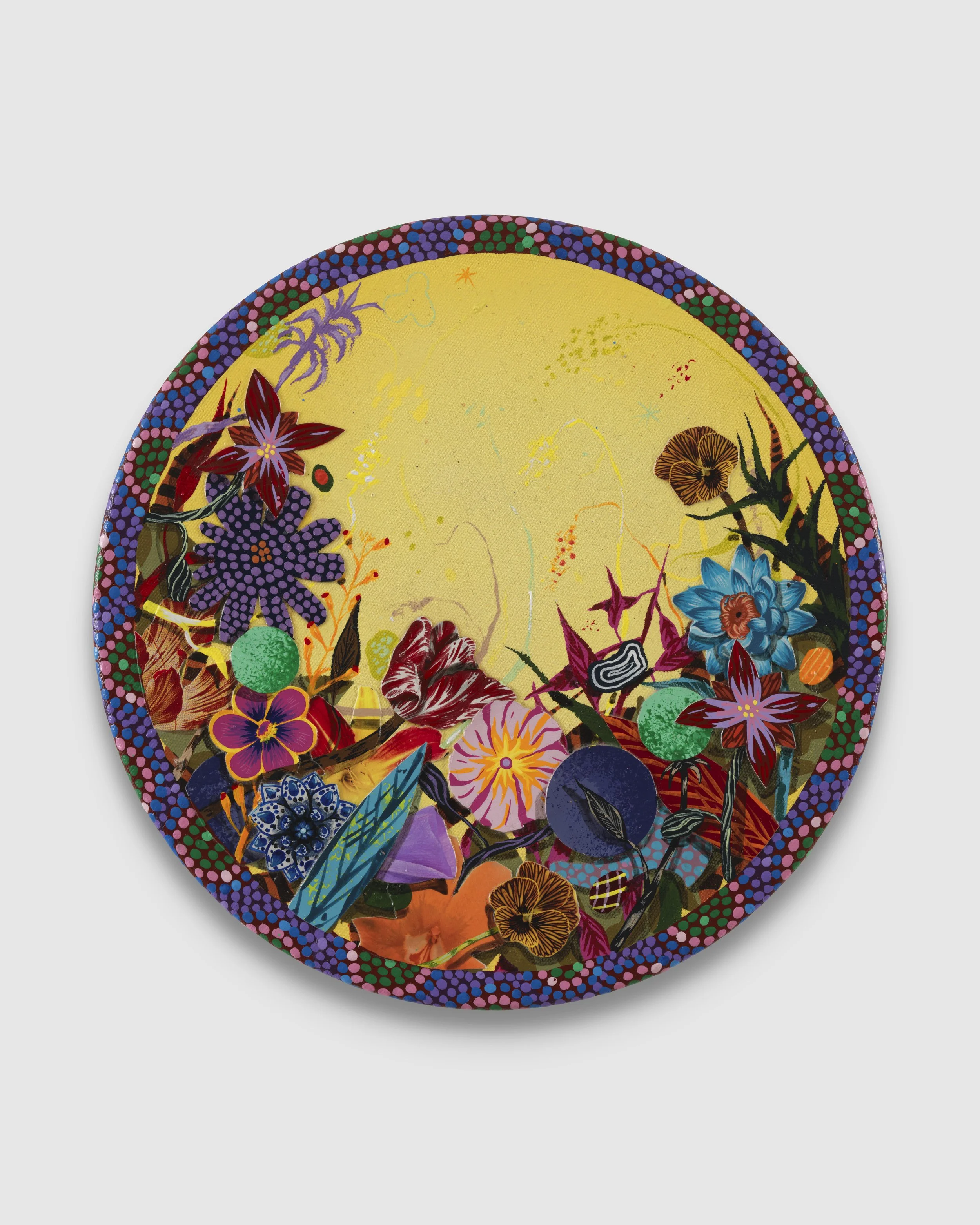 AMIR H. FALLAH  Whirlwind , 2026 acrylic and collage on canvas 20 inches, diameter   INQUIRE+  