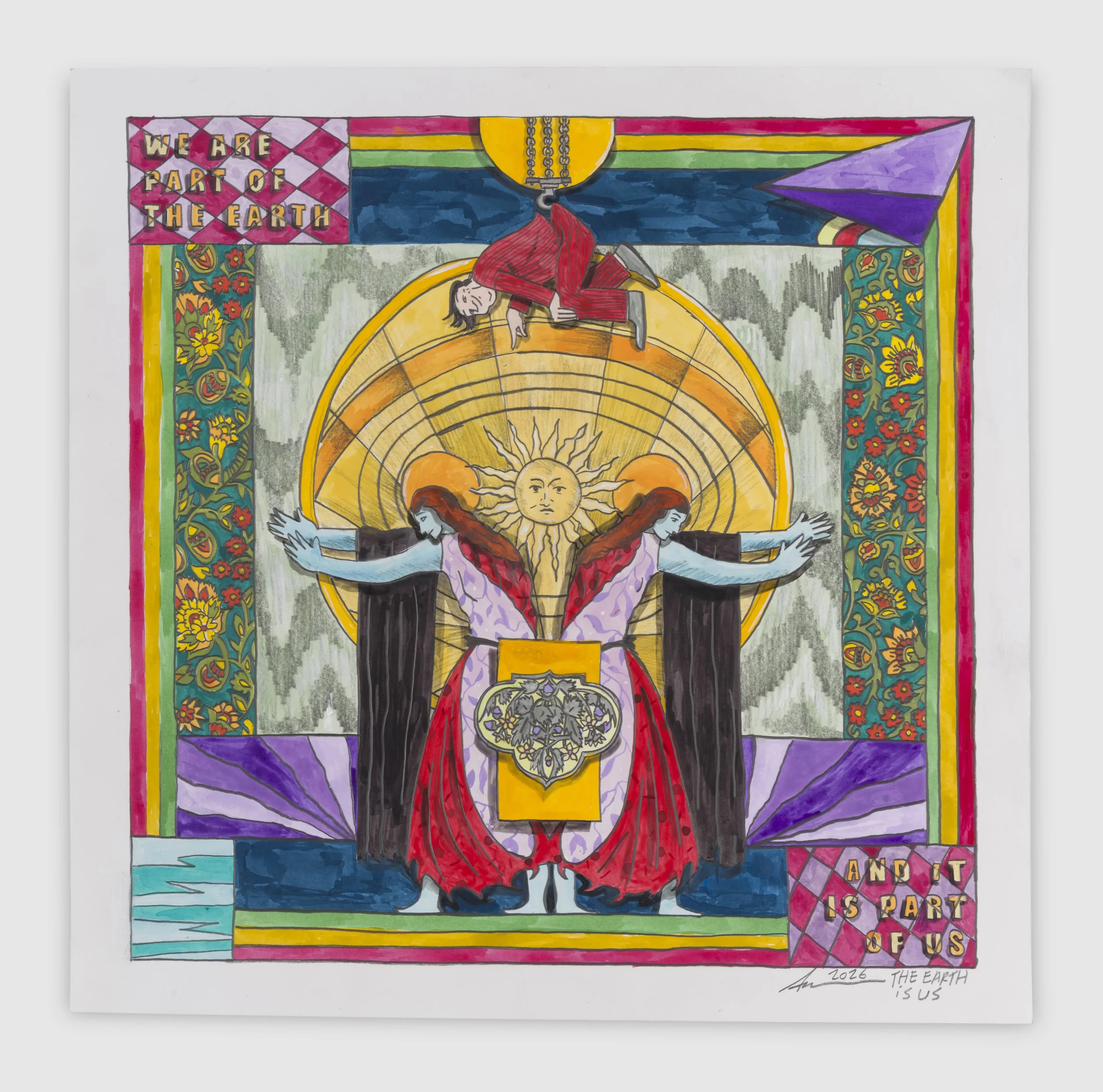  AMIR H. FALLAH  The Earth Is Us , 2026 acrylic, ink, and pencil on paper 13 x 13 inches   INQUIRE+  