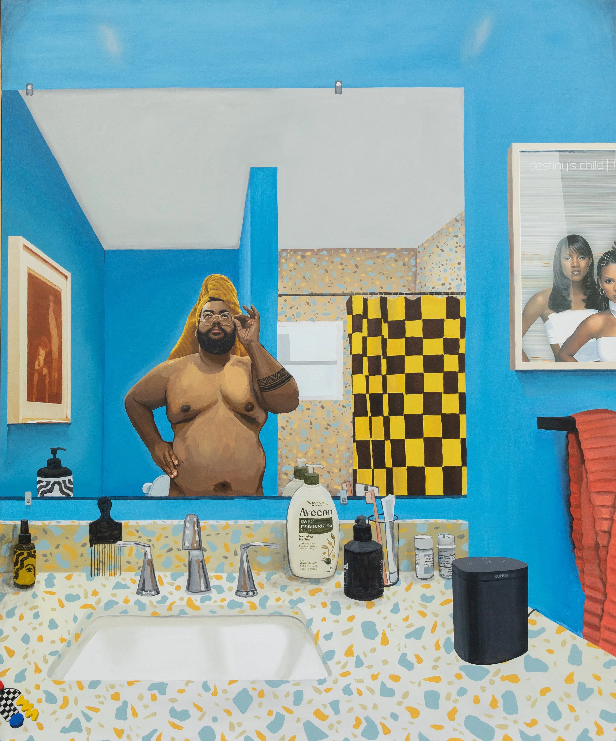  COREY PEMBERTON  Next Lifetime,  2023 house paint, graphite, and inkjet prints on canvas 72 x 60 inches   INQUIRE+  