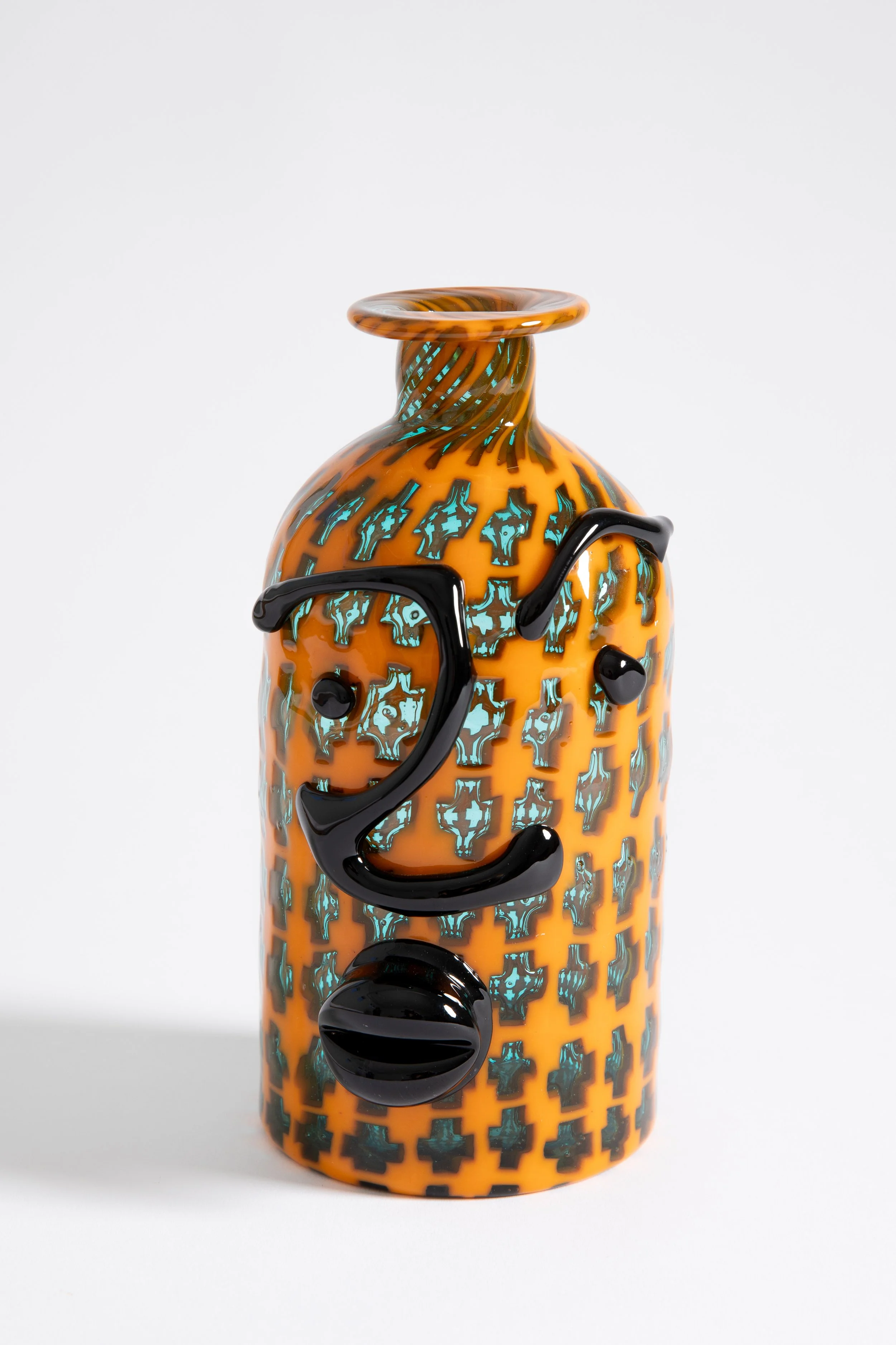  COREY PEMBERTON  Cross Murrine Face Jug,  2024 blown glass 9 x 4 x 4 inches   INQUIRE+  