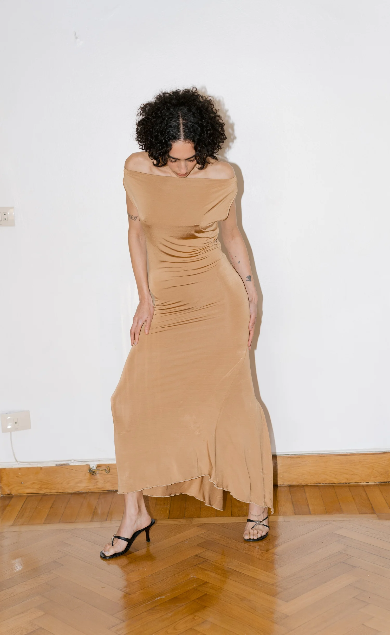 caramel mesh flowy slip midi dress Caramel Mesh Flowy Slip Midi Dress