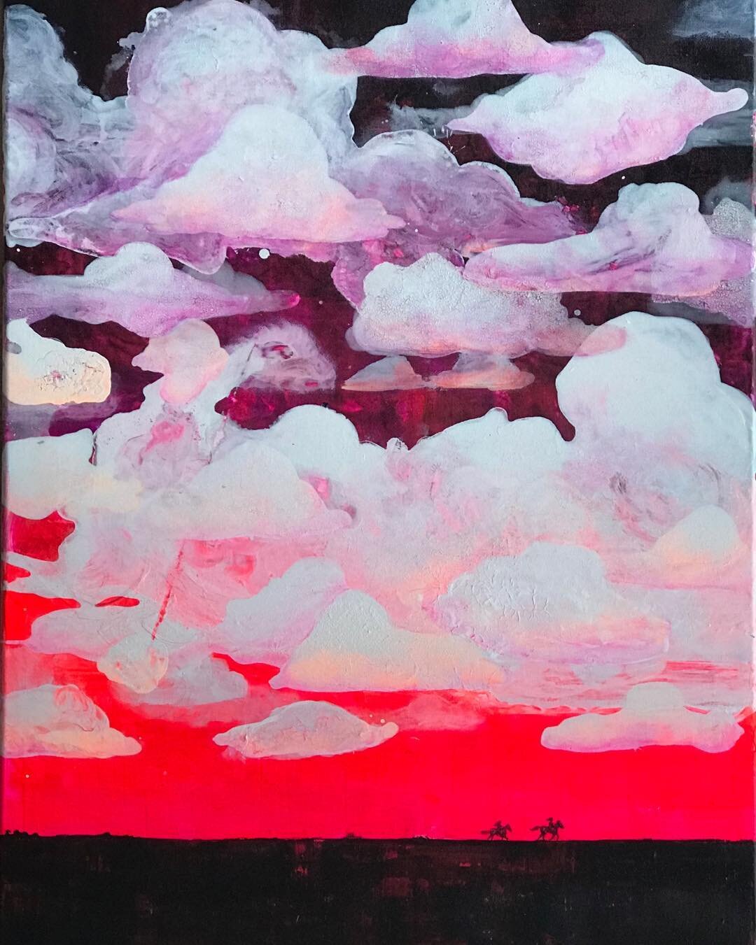 Title: Same Sky, an exploration of feminine qualities in a world without borders. #makesomethingeveryday inspired by so many artists including those from #womenartists #skyscape #painting #austinart #artaustin #clouds #mixedmedia #worldartday