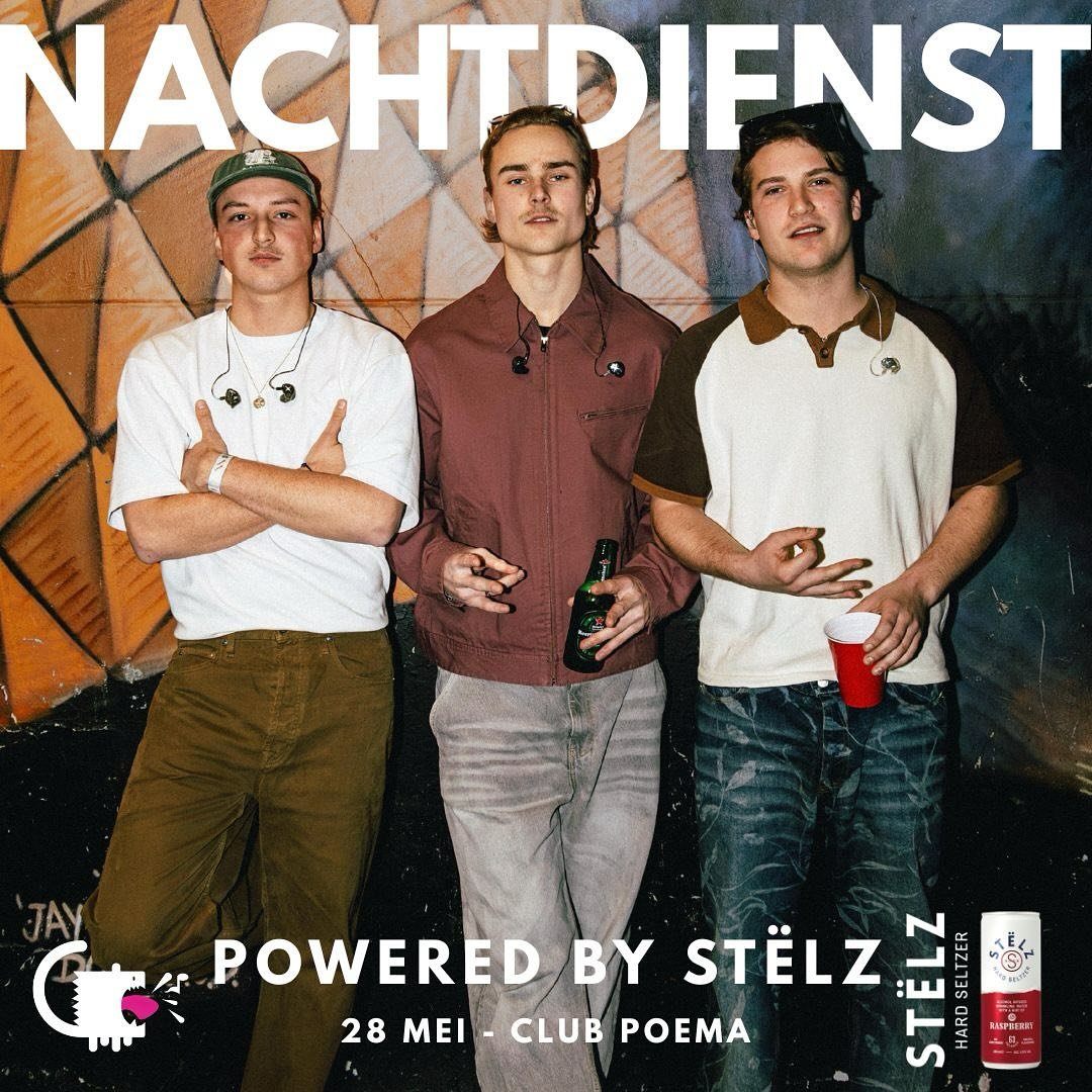 Nachtdienst x Club Poema &ndash; 28 mei 
Van 23:00 tot 04:00 zetten we Poema op z&rsquo;n kop met niemand minder dan Nachtdienst. Powered by ST&Euml;LZ!

🎟 Early birds: slechts &euro;2,50 &ndash; beperkt beschikbaar!
🍹 1 gratis ST&Euml;LZ bij binne