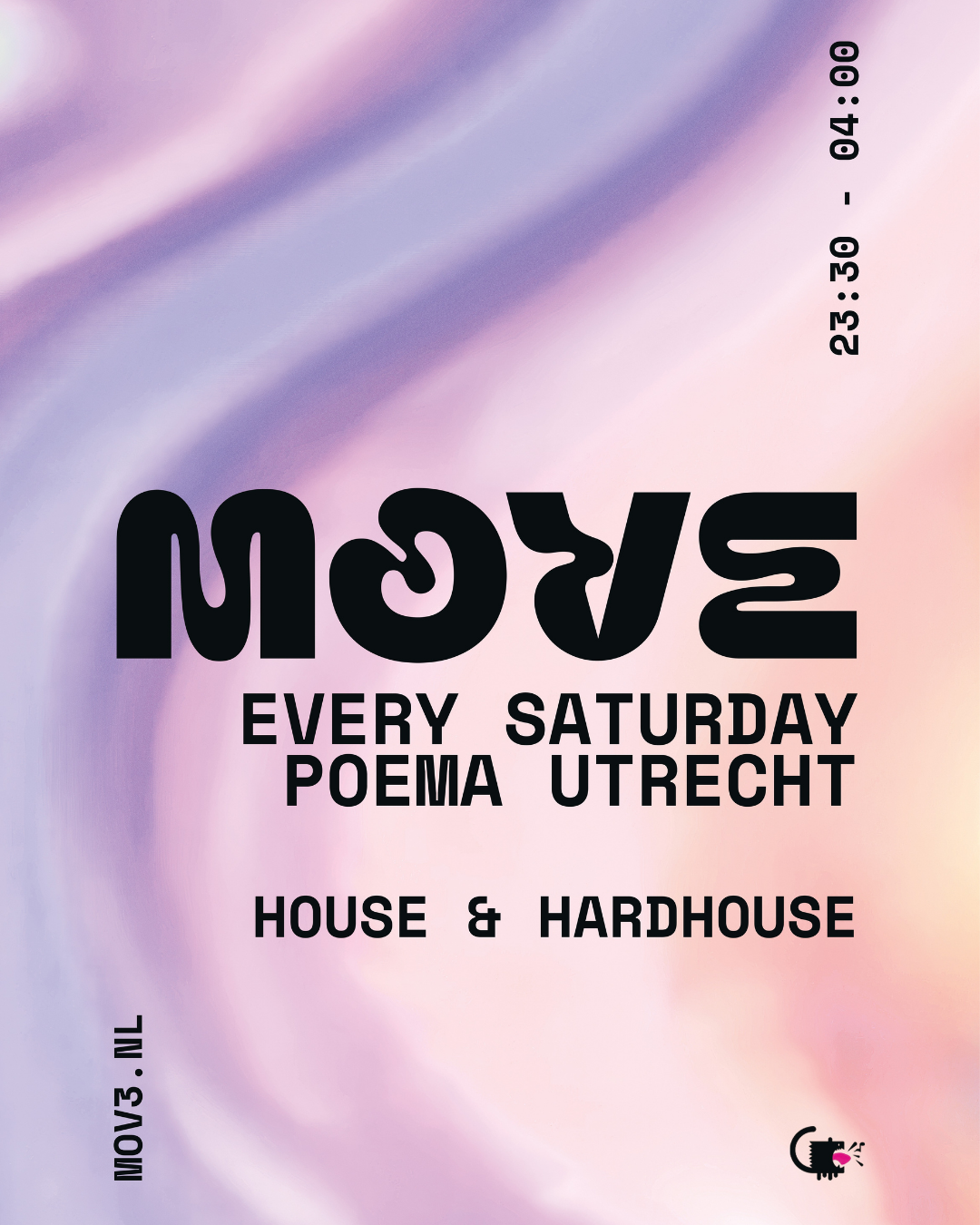 Evenementposter met abstract pastel achtergrond, tekst over wekelijkse poëzieavond in Utrecht, onderaan website en een kleine icon van een microfoon.