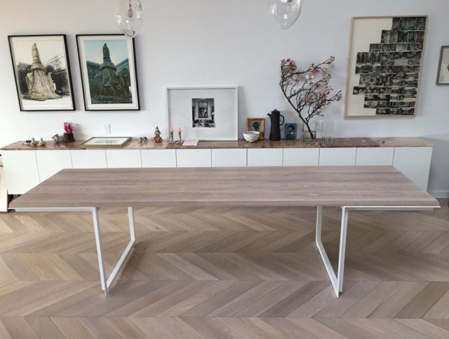 Custom Bevel Edge table In white washed white oak. 9.5ft long x34&rdquo; wide. Perfect space, perfect clients. 95% of Made&rsquo;s work is custom design. Make an appointment to discuss your project.